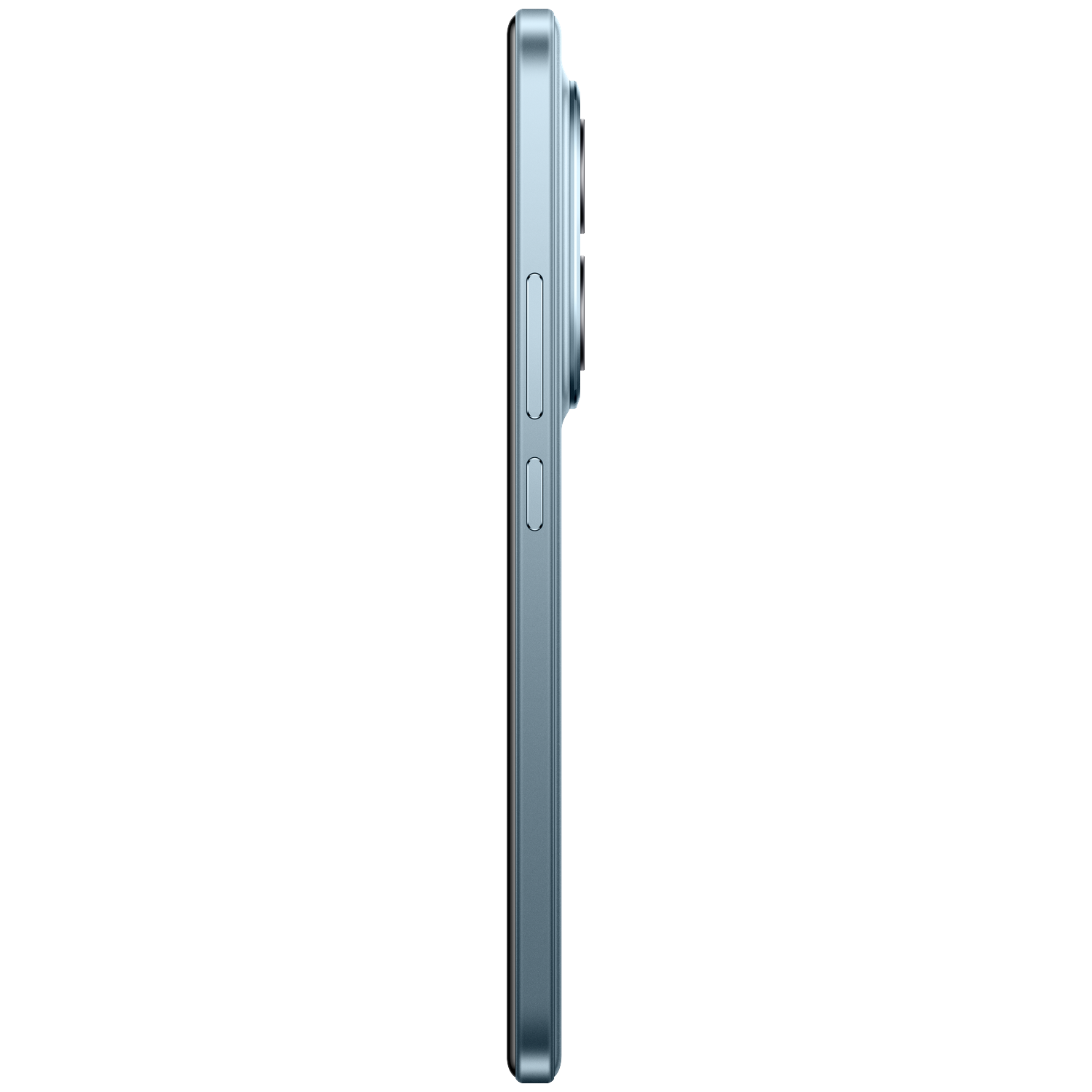 Vue latérale d'un smartphone bleu clair avec objectifs et boutons.