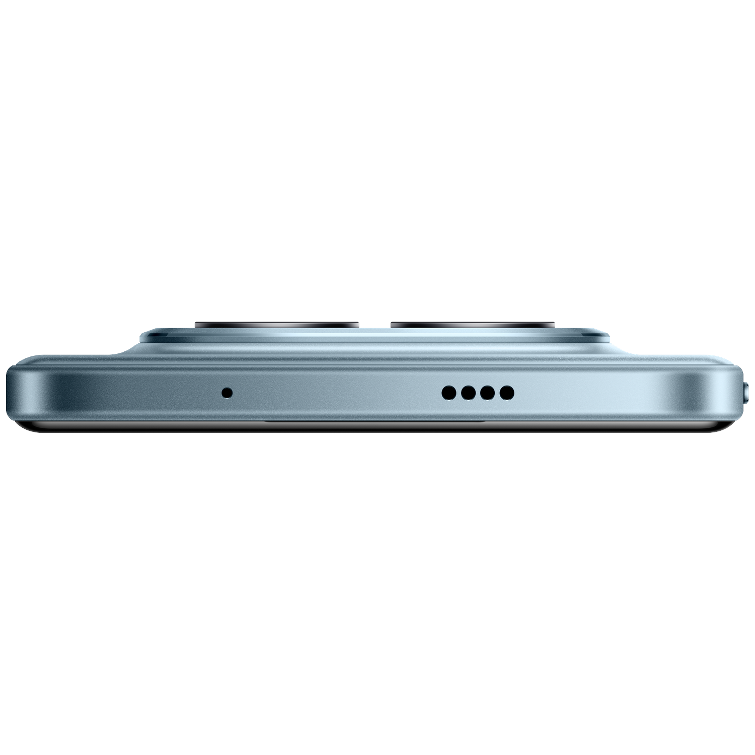 Un smartphone bleu montrant des lentilles de caméra et des trous de haut-parleur.