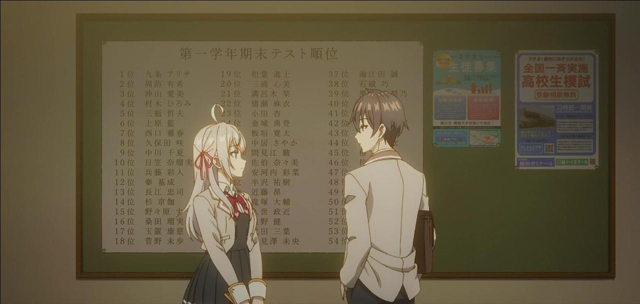 Zwei Schüler stehen vor einer Tafel mit einer Rangliste und Werbeplakaten.