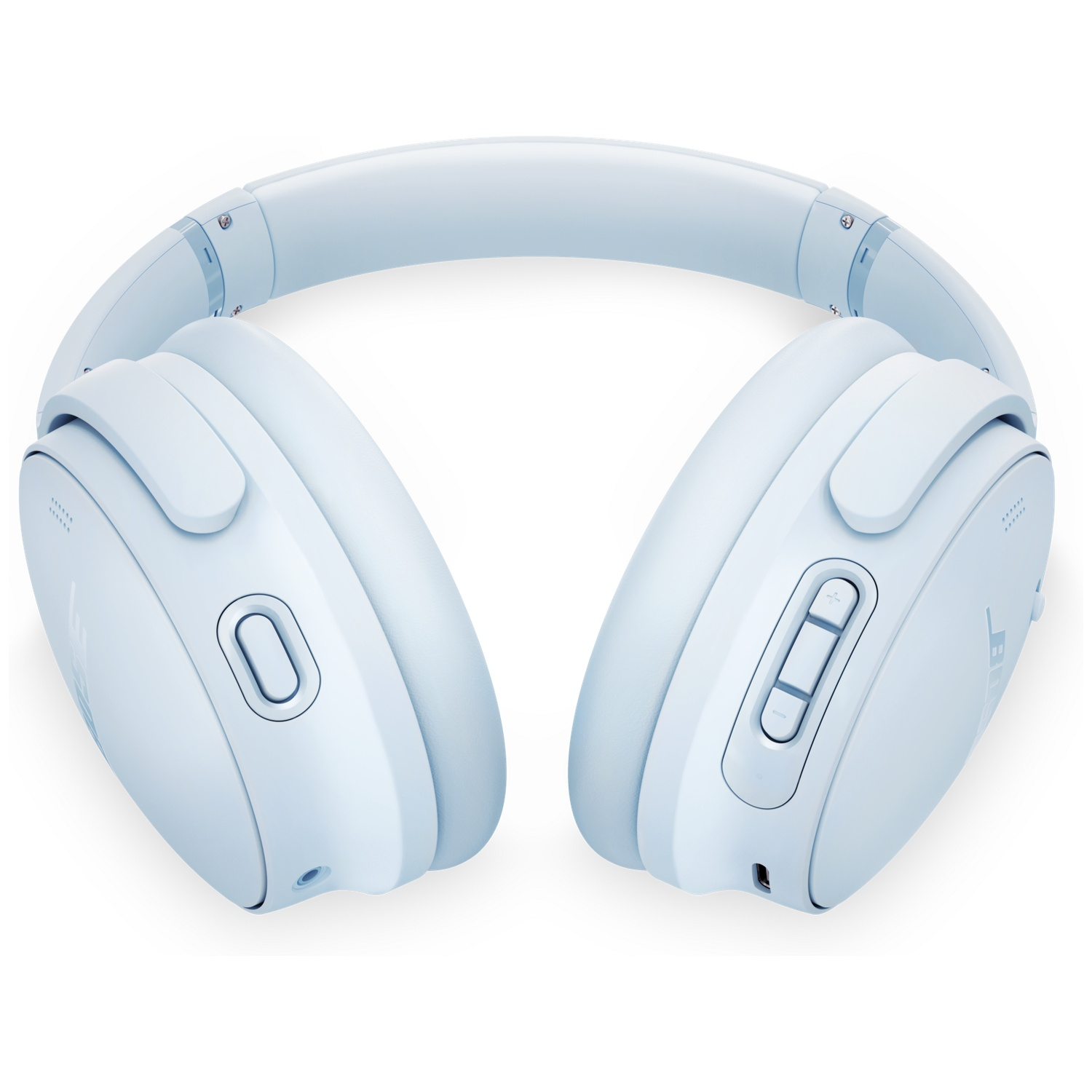 Light blue headphones with padded earcups and headband, close-up view.