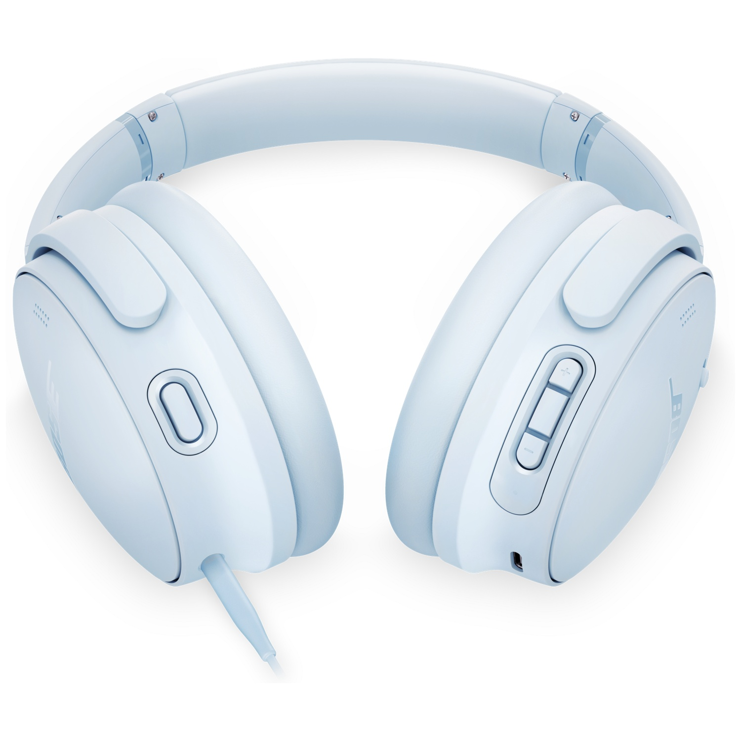 Light blue over-ear headphones with cable, controls, and earcups on a white background.