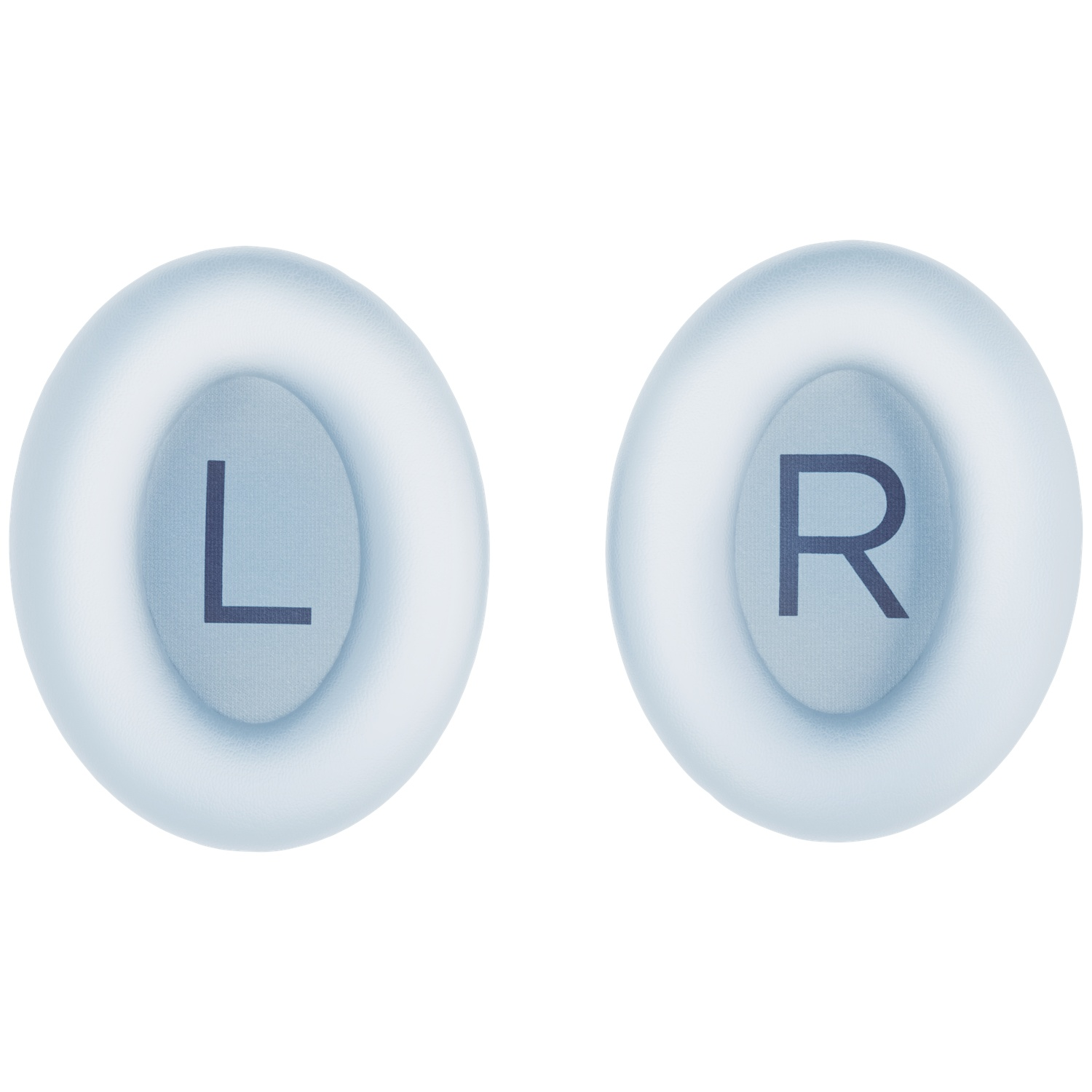 Two round, light blue ear pads with L and R letters in dark blue.
