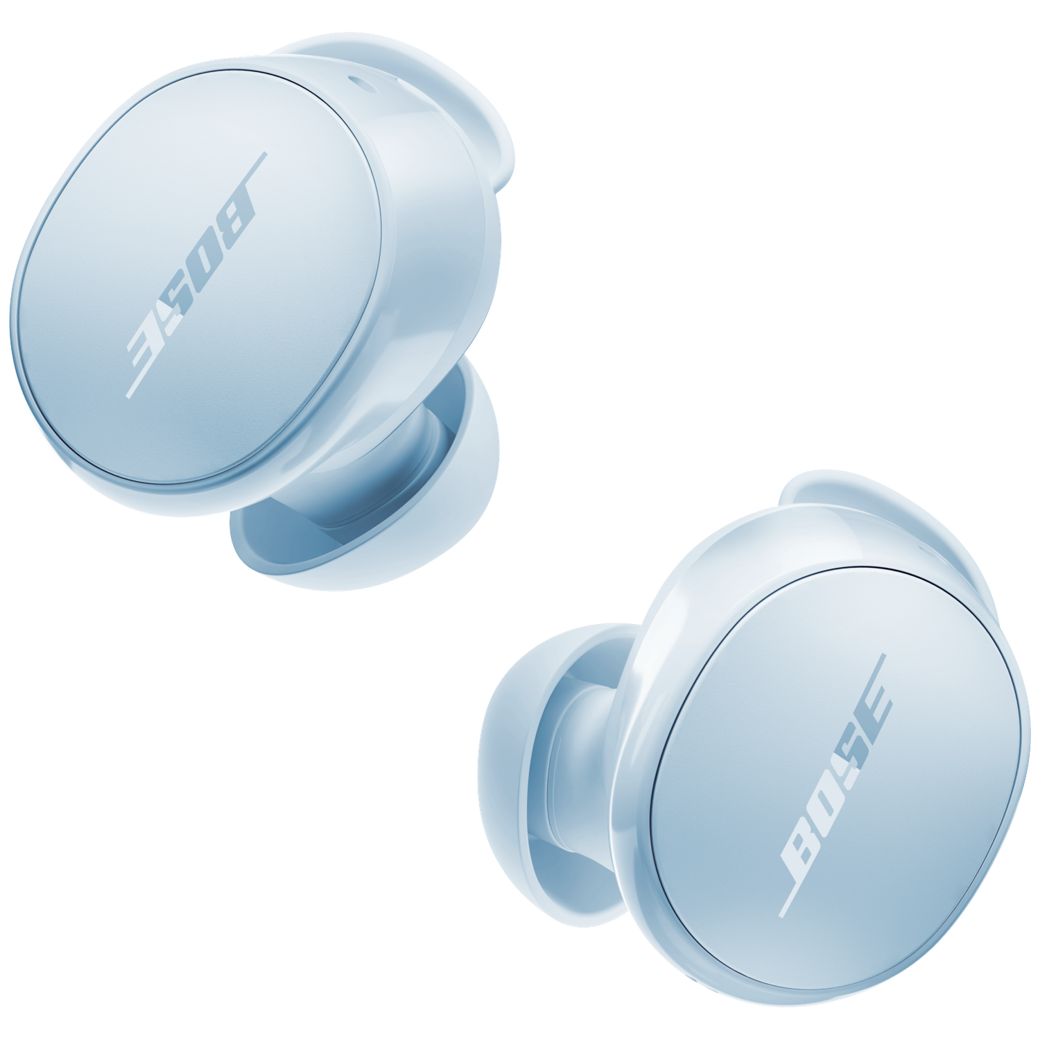 Deux écouteurs Bose bleu clair avec logo sur fond blanc.