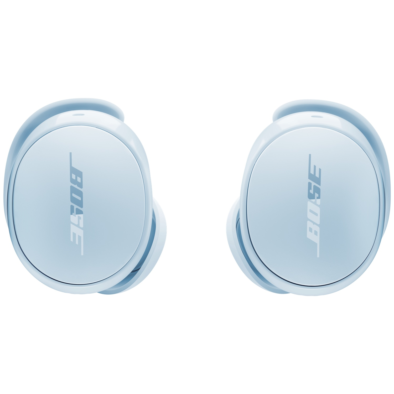 Deux écouteurs Bose bleu clair avec logo, côte à côte sur fond blanc.