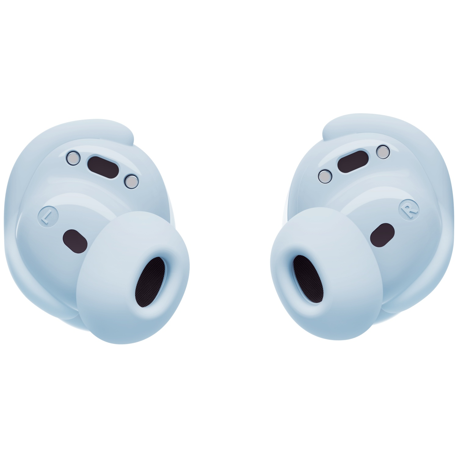 Deux écouteurs intra-auriculaires bleu clair avec grilles noires et accents métalliques.