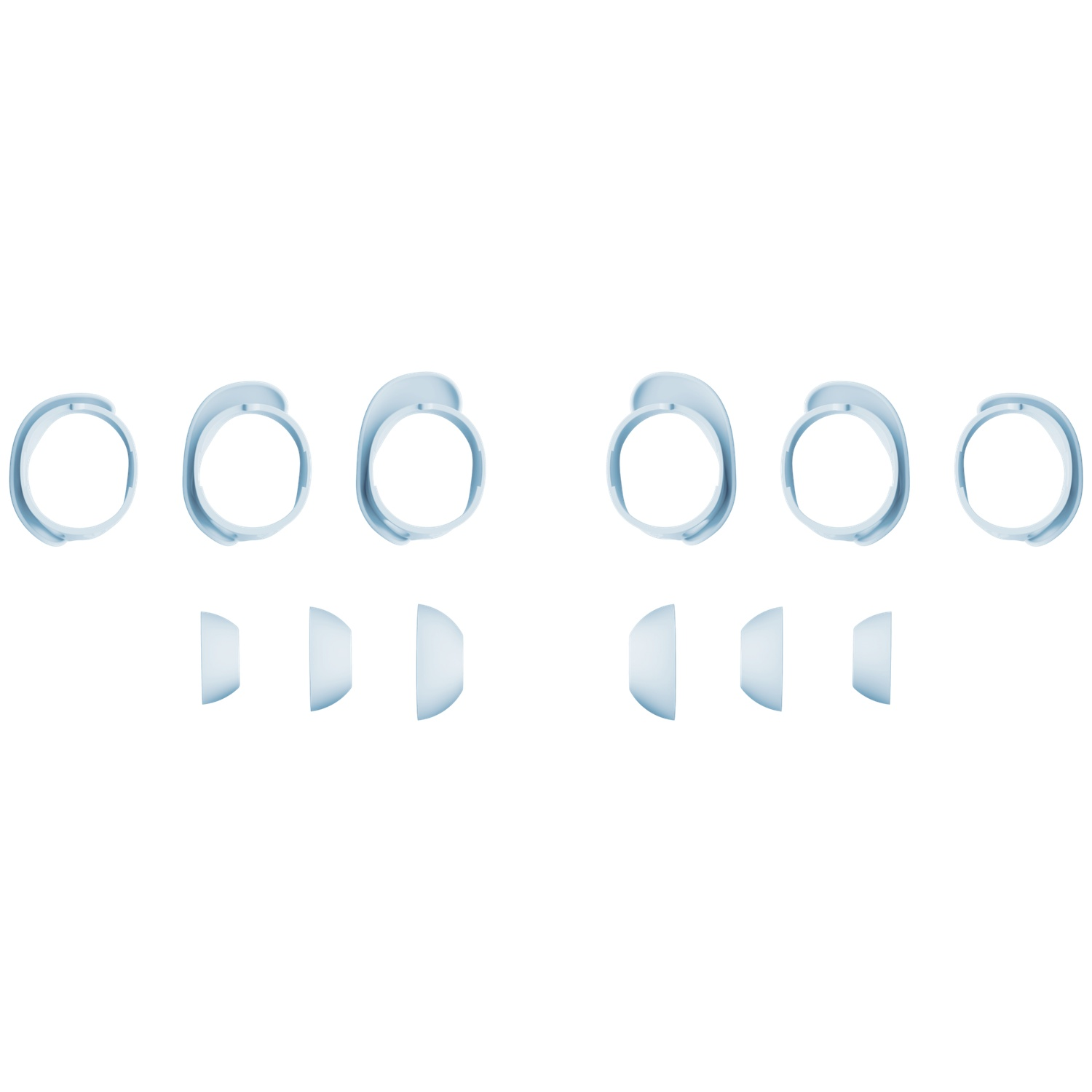 Six embouts d'écouteur bleu clair en deux rangées sur blanc.