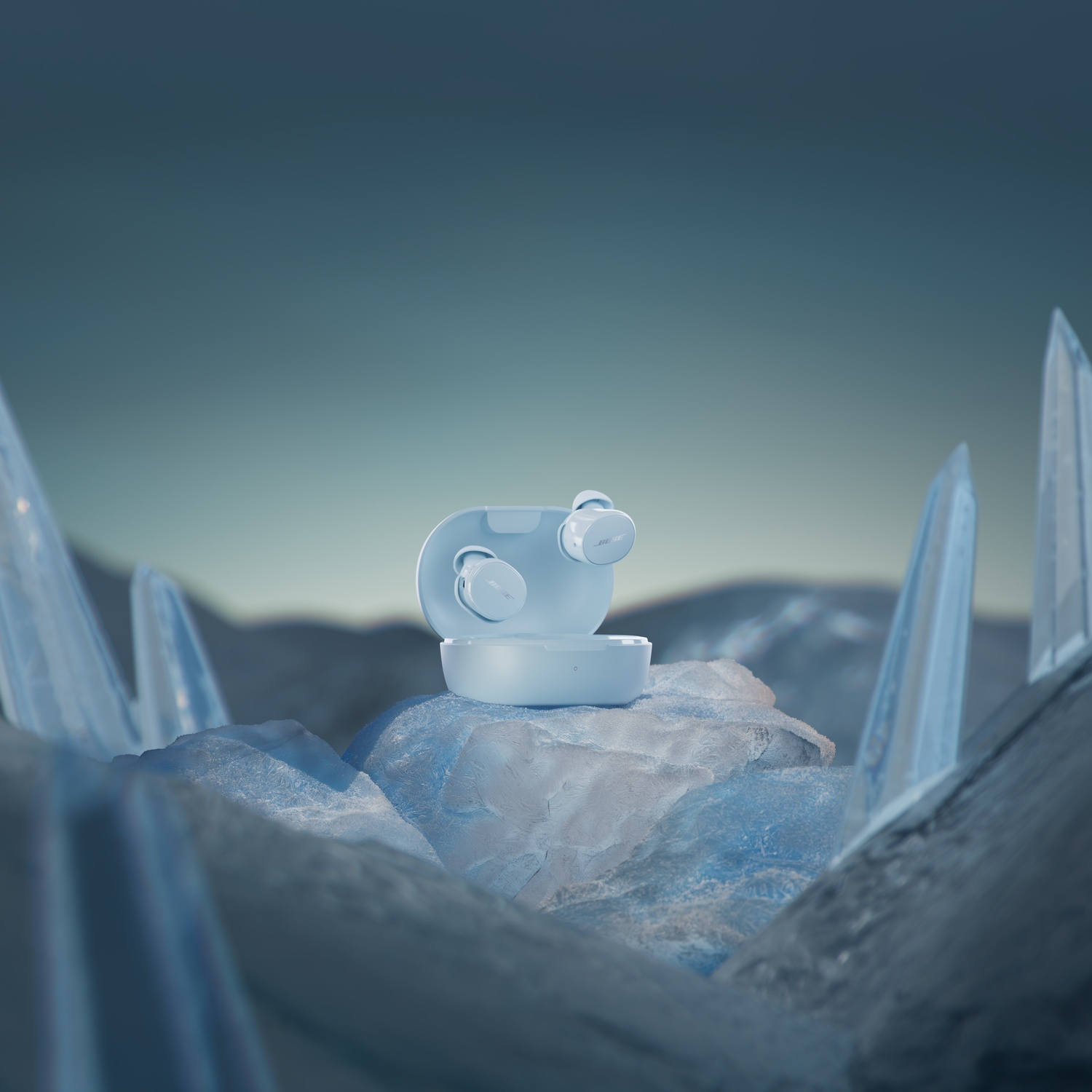 Écouteurs sans fil bleus dans une grotte de glace sur un rocher glacé.