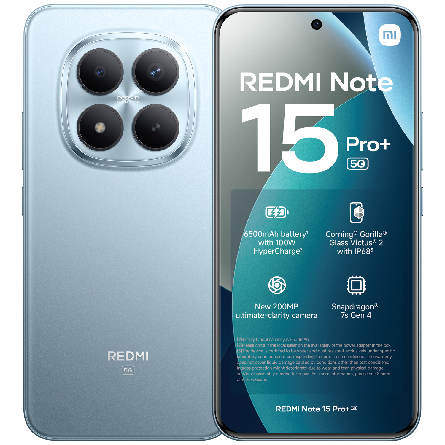 Blauwe Redmi Note 15 Pro+ 5G smartphone met 4 camera's en productinformatie.