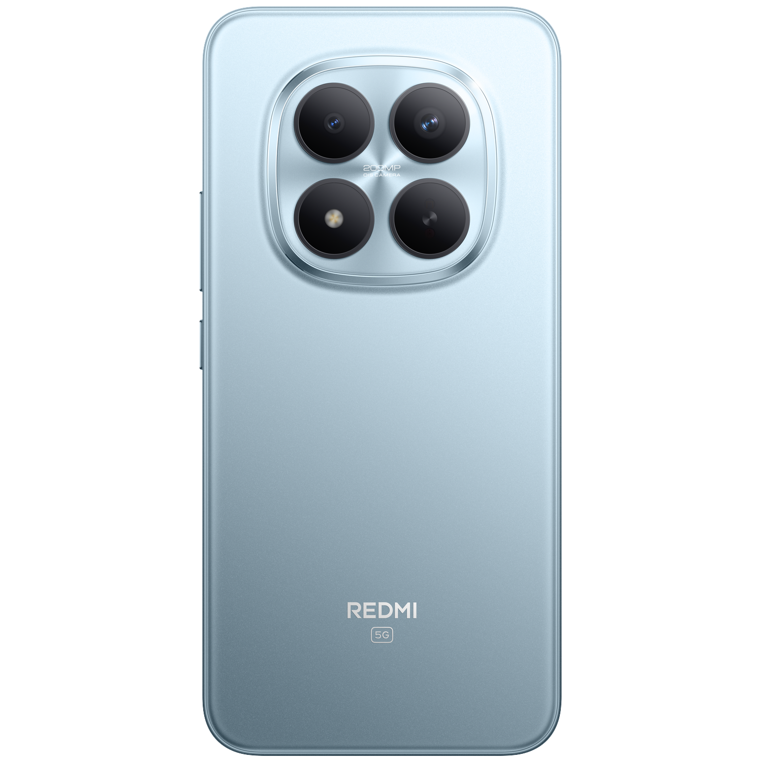 Achterkant van een lichtblauwe smartphone met vier camera's en Redmi 5G-logo.