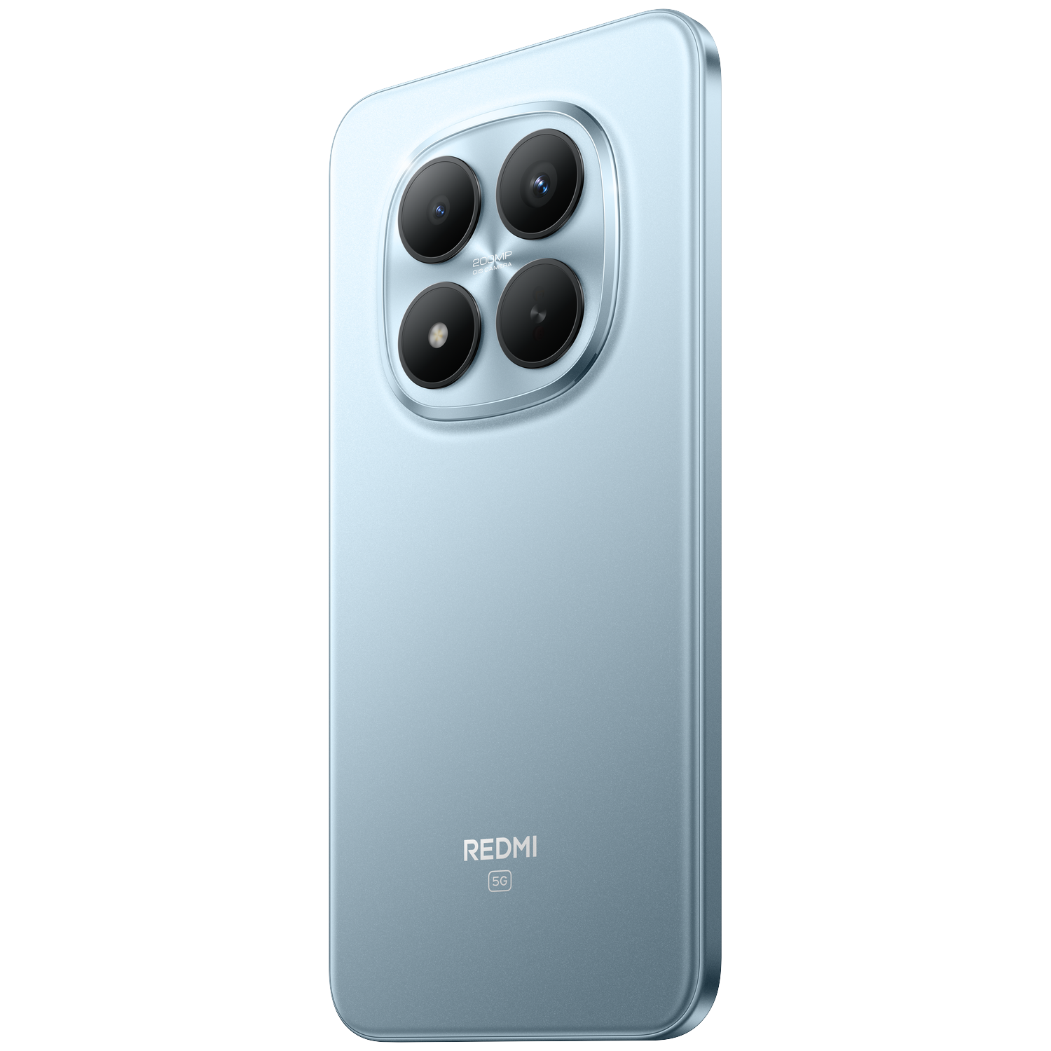 Een lichtblauwe smartphone met een viervoudige camera en Redmi 5G logo.