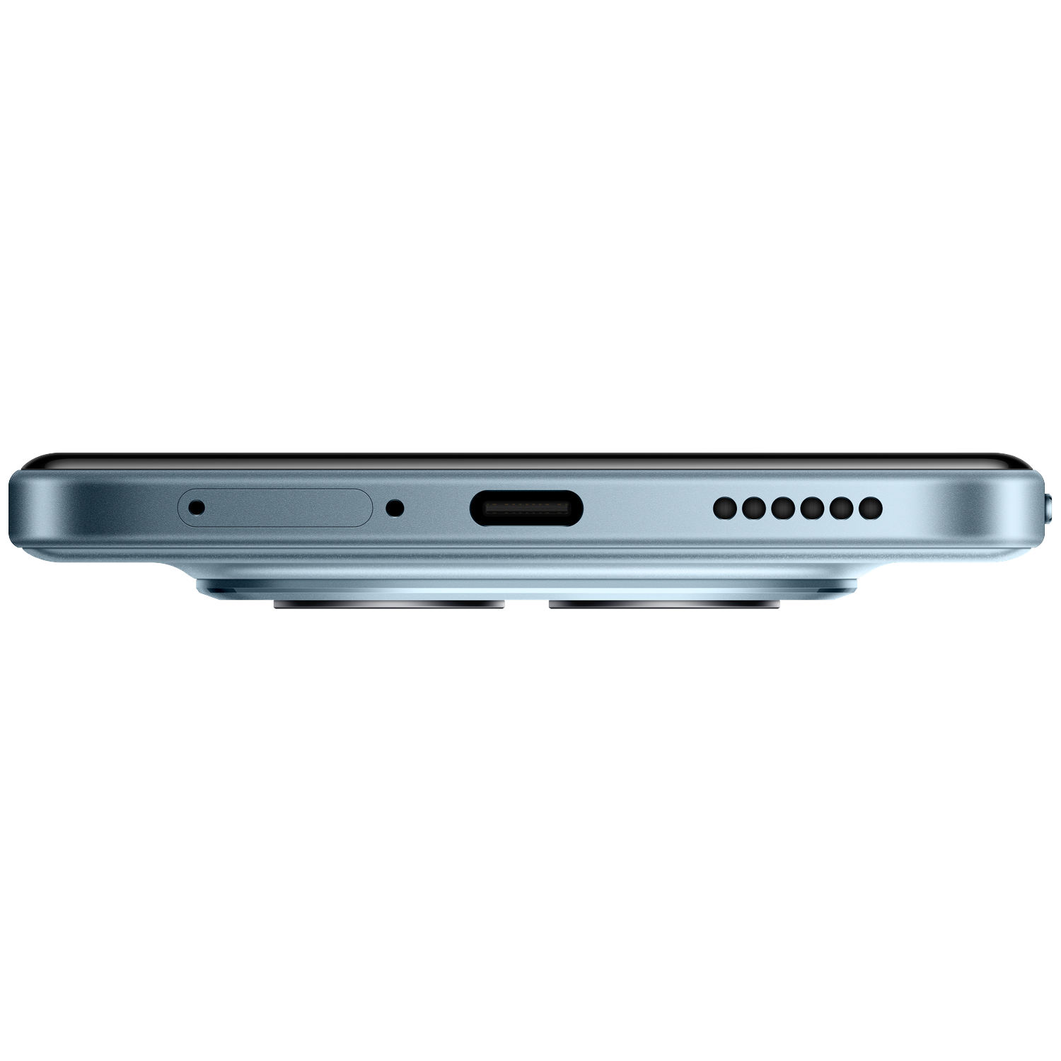 Close-up van de onderrand van een smartphone, met USB-C poort en luidroosterrrooster.