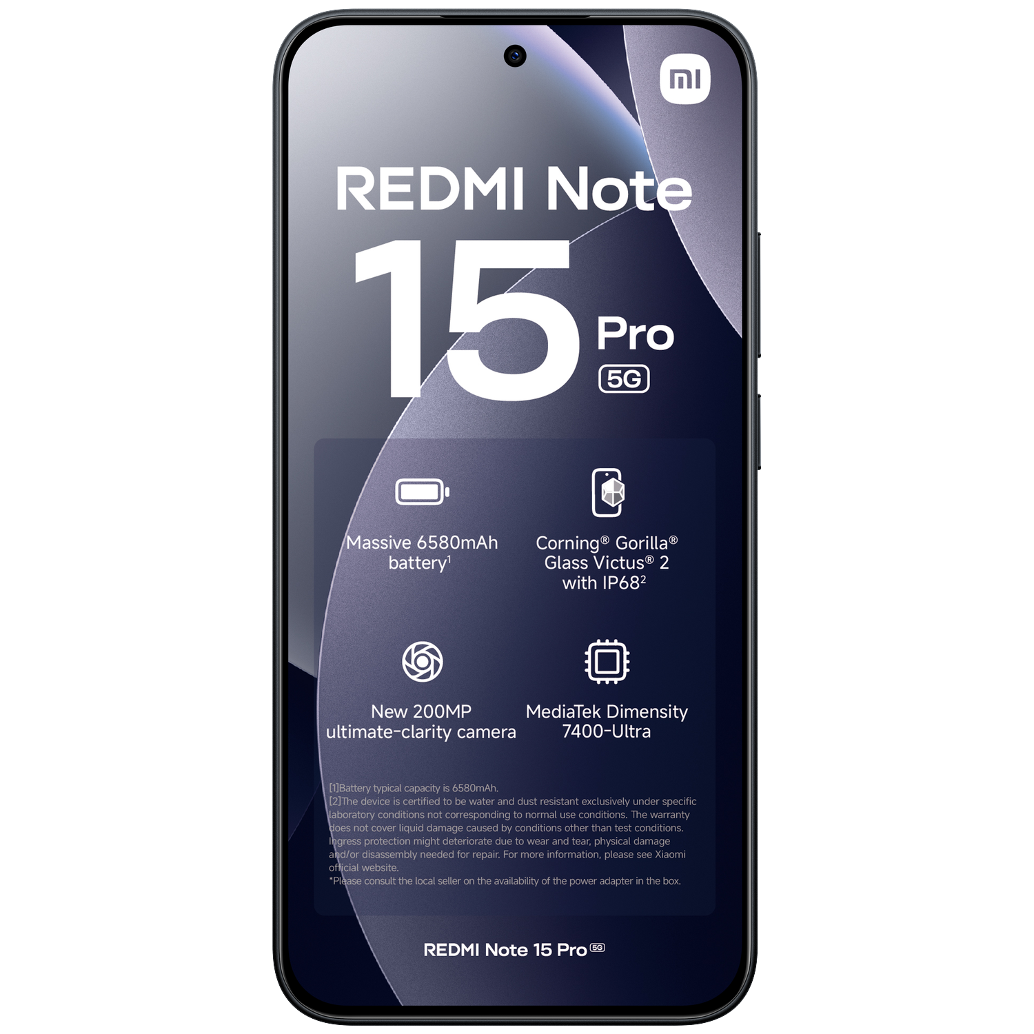 Xiaomi Redmi Note 15 Pro 5G with 6580mAh battery, 200MP camera, and Gorilla Glass.