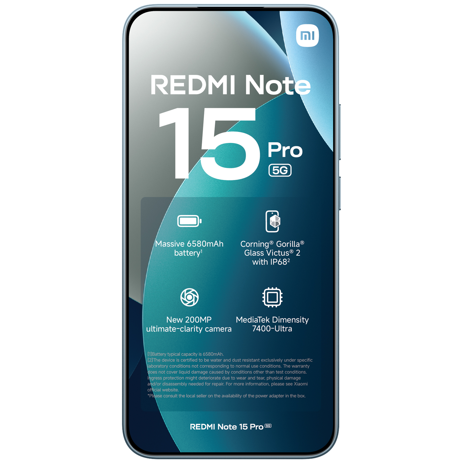 Redmi Note 15 Pro 5G telefoon met 6580mAh batterij, 200MP camera en Gorilla Glass.