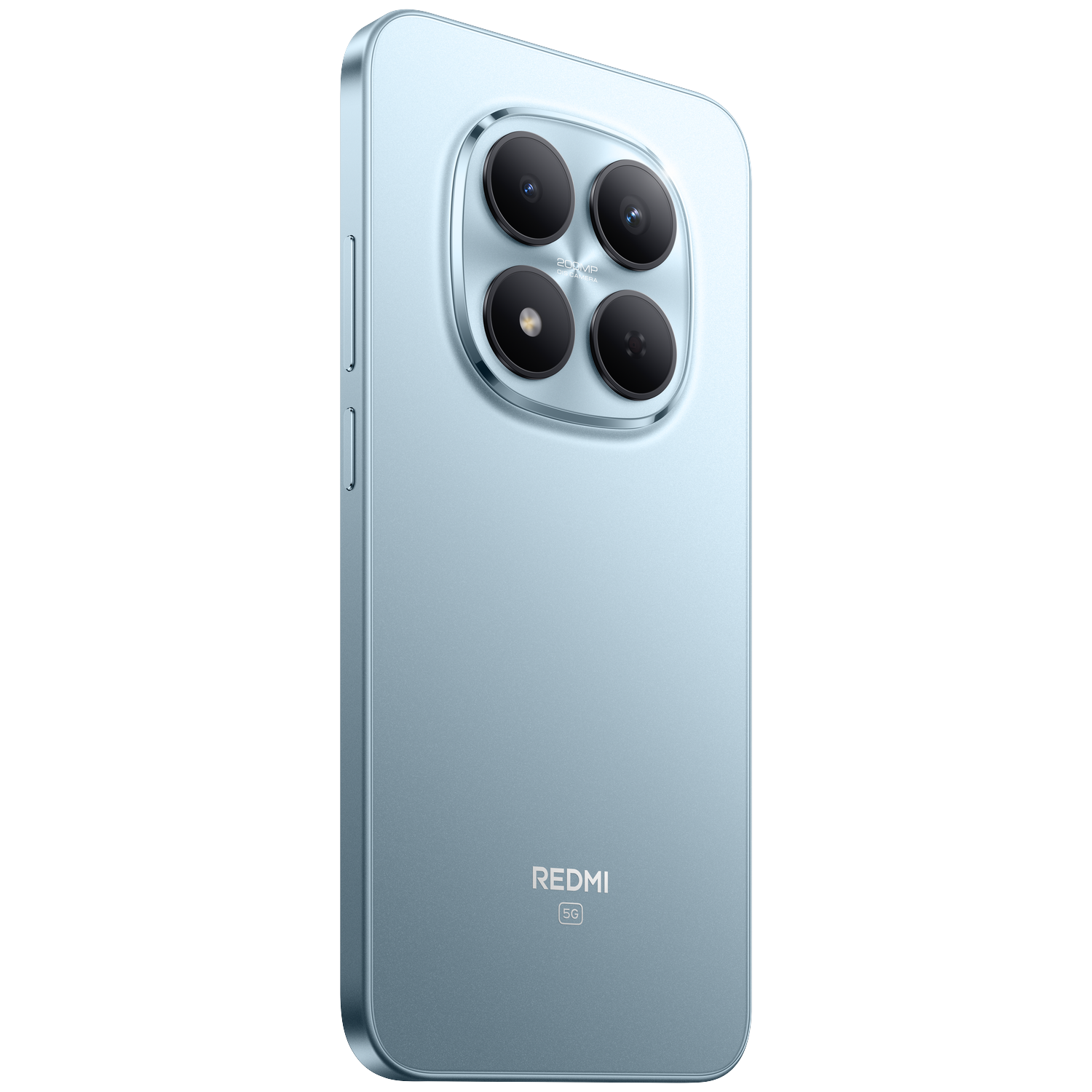 Een lichtblauwe smartphone met vier camera's aan de achterkant.