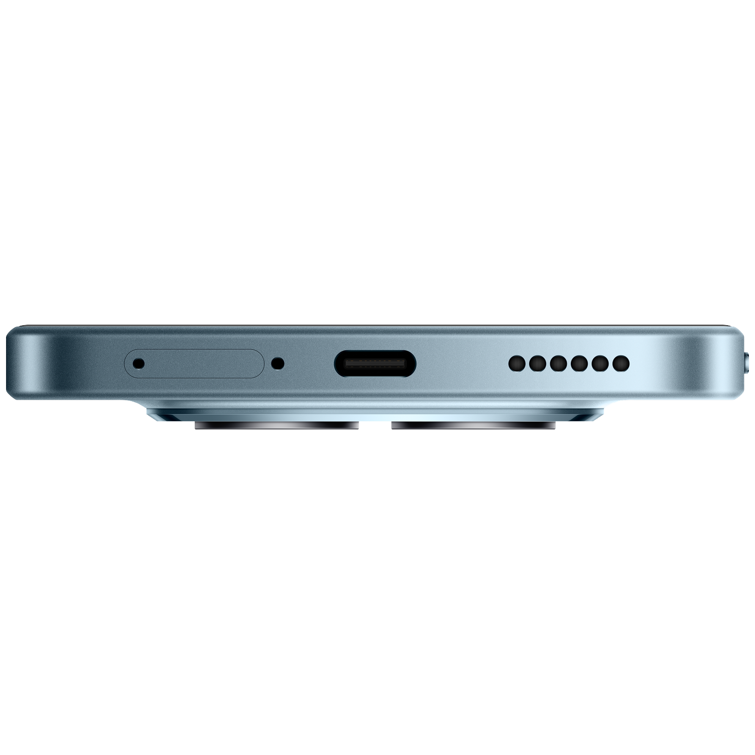 Onderkant van een blauwe smartphone, met USB-C-poort en luidsprekergaten.