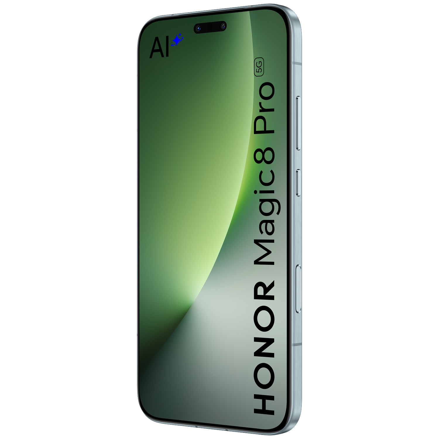 A light blue HONOR Magic8 Pro 5G smartphone with AI logo and green background.