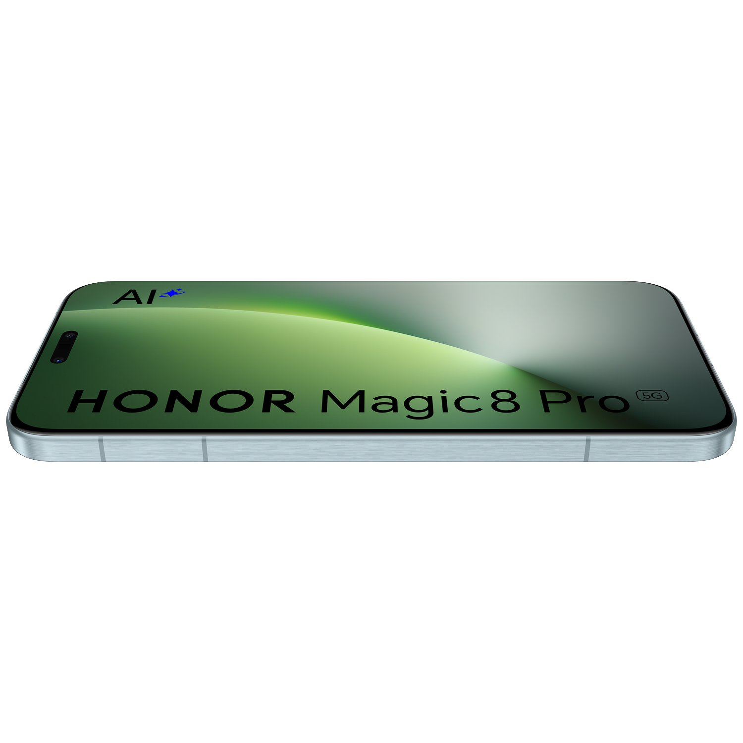HONOR Magic8 Pro smartphone with AI logo, silver frame, green background graphic.