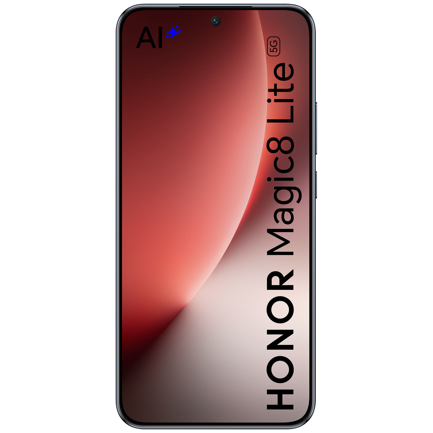 Een zwarte smartphone met rode en grijze achtergrond, met tekst HONOR Magic8 Lite 5G.