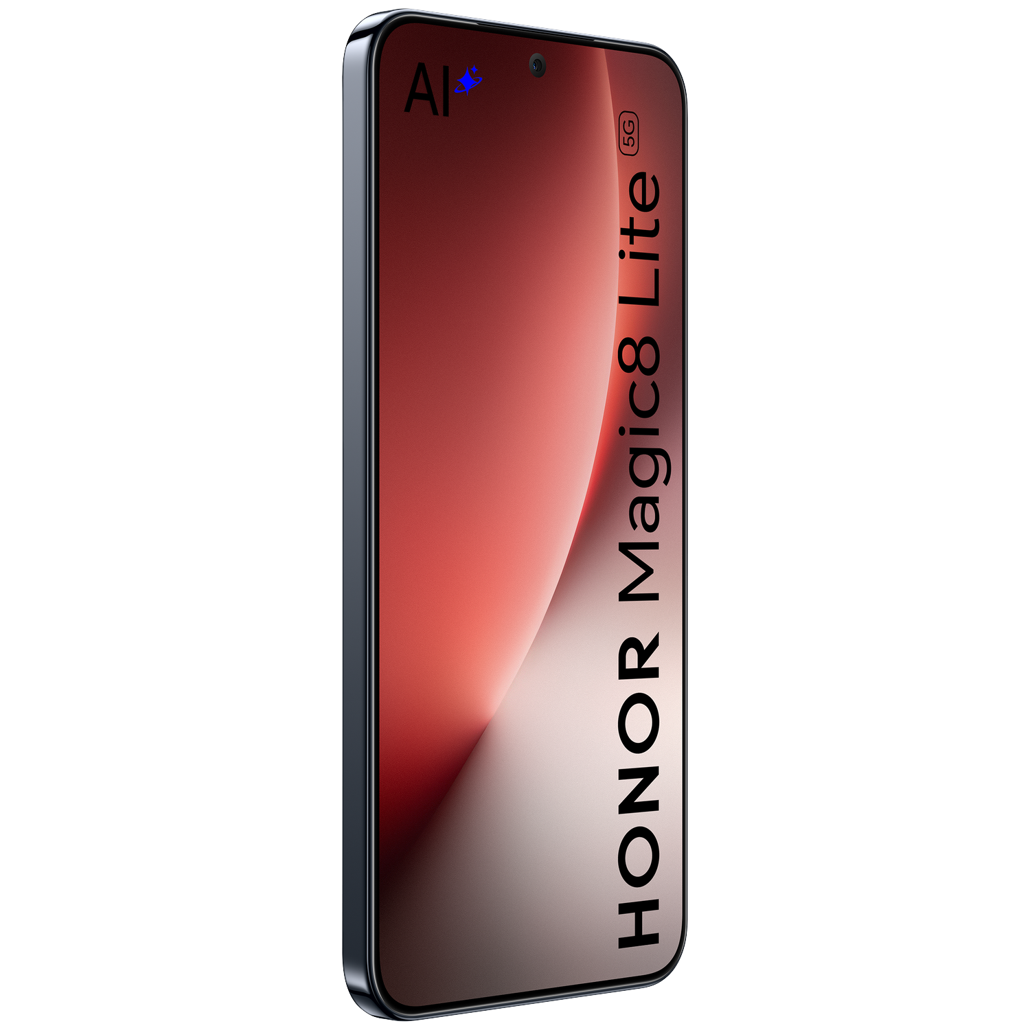 Een slanke zwarte Honor Magic8 Lite 5G smartphone met rode gradiënt op het scherm.