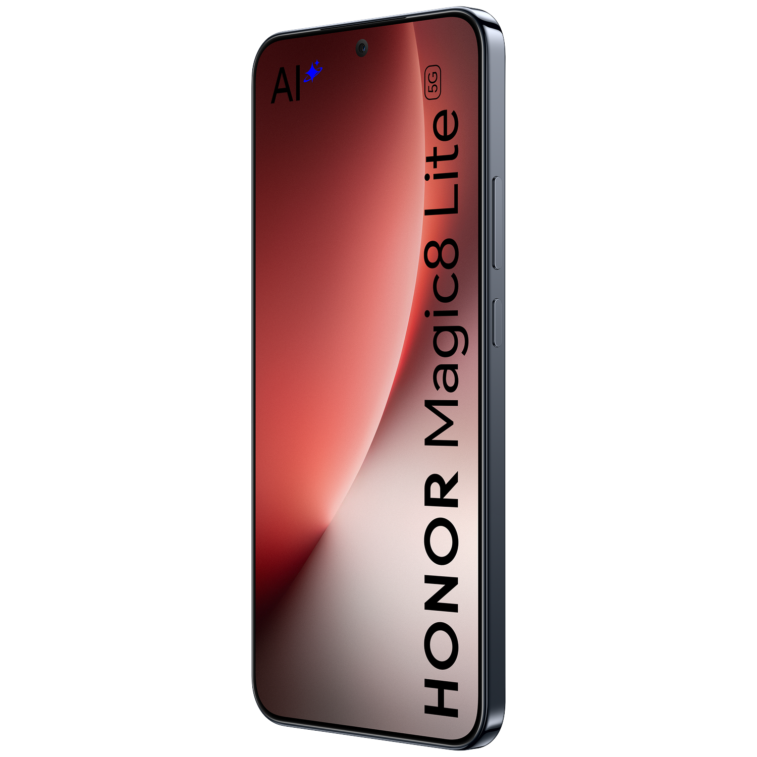 Een Honor Magic8 Lite 5G smartphone met AI-logo en rode gradiënt.