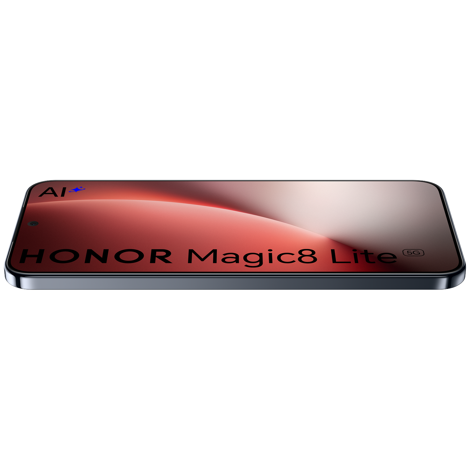 Een HONOR Magic8 Lite smartphone met AI en 5G logo op rode achtergrond.