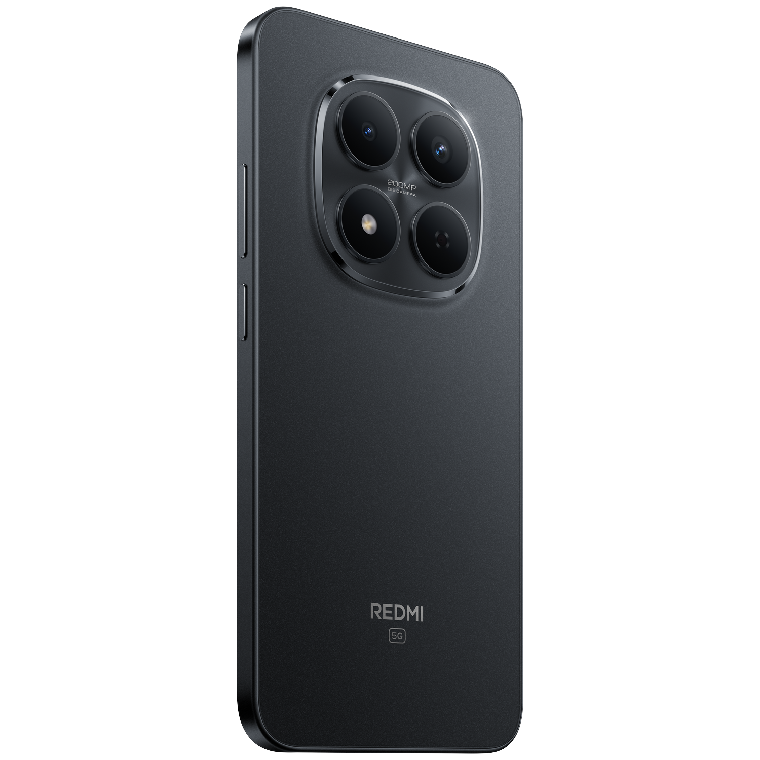 Dark gray smartphone with a quad rear camera setup and Redmi 5G logo.