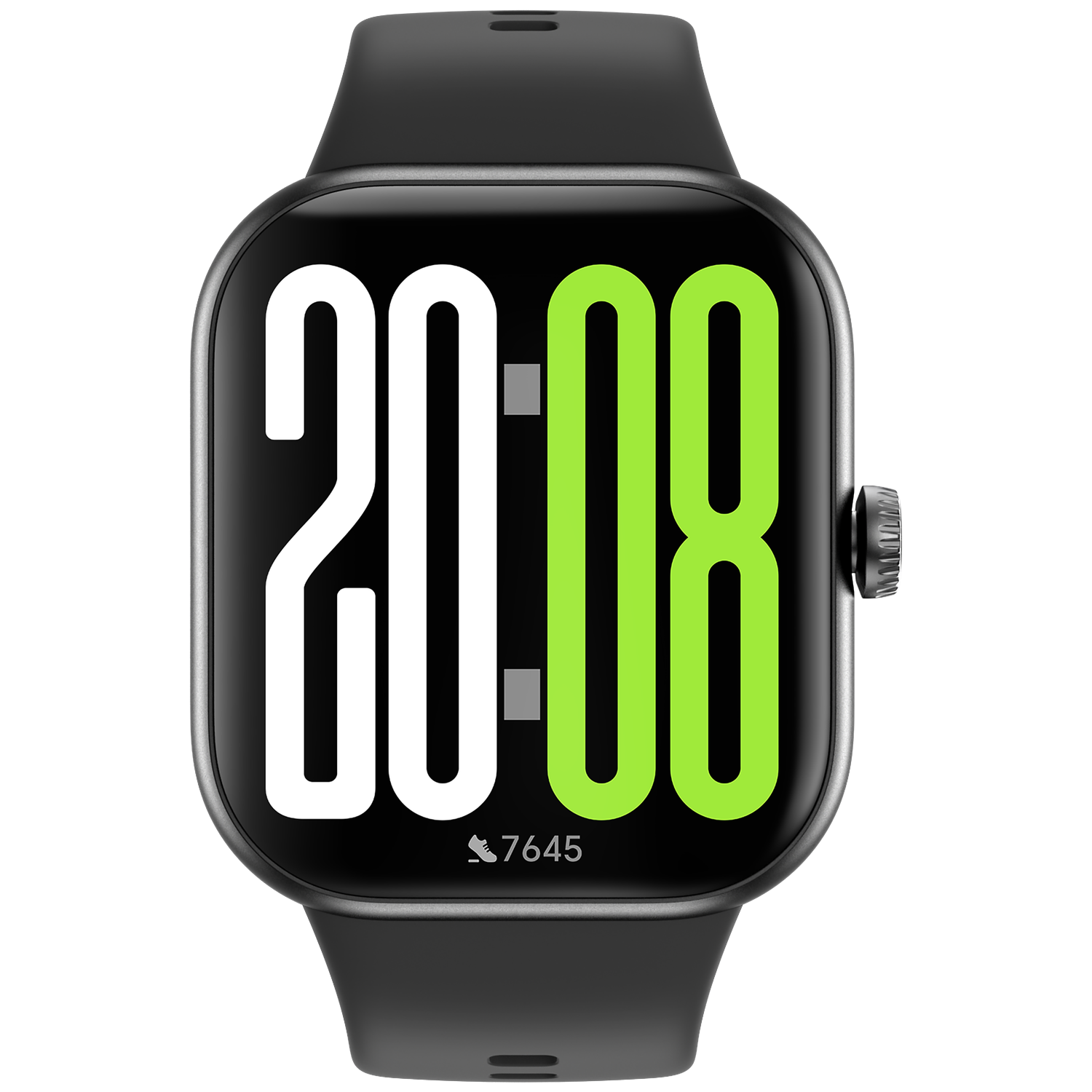 Zwart smartwatch met groot scherm, toont 20:08 tijd en 7645 stappen.