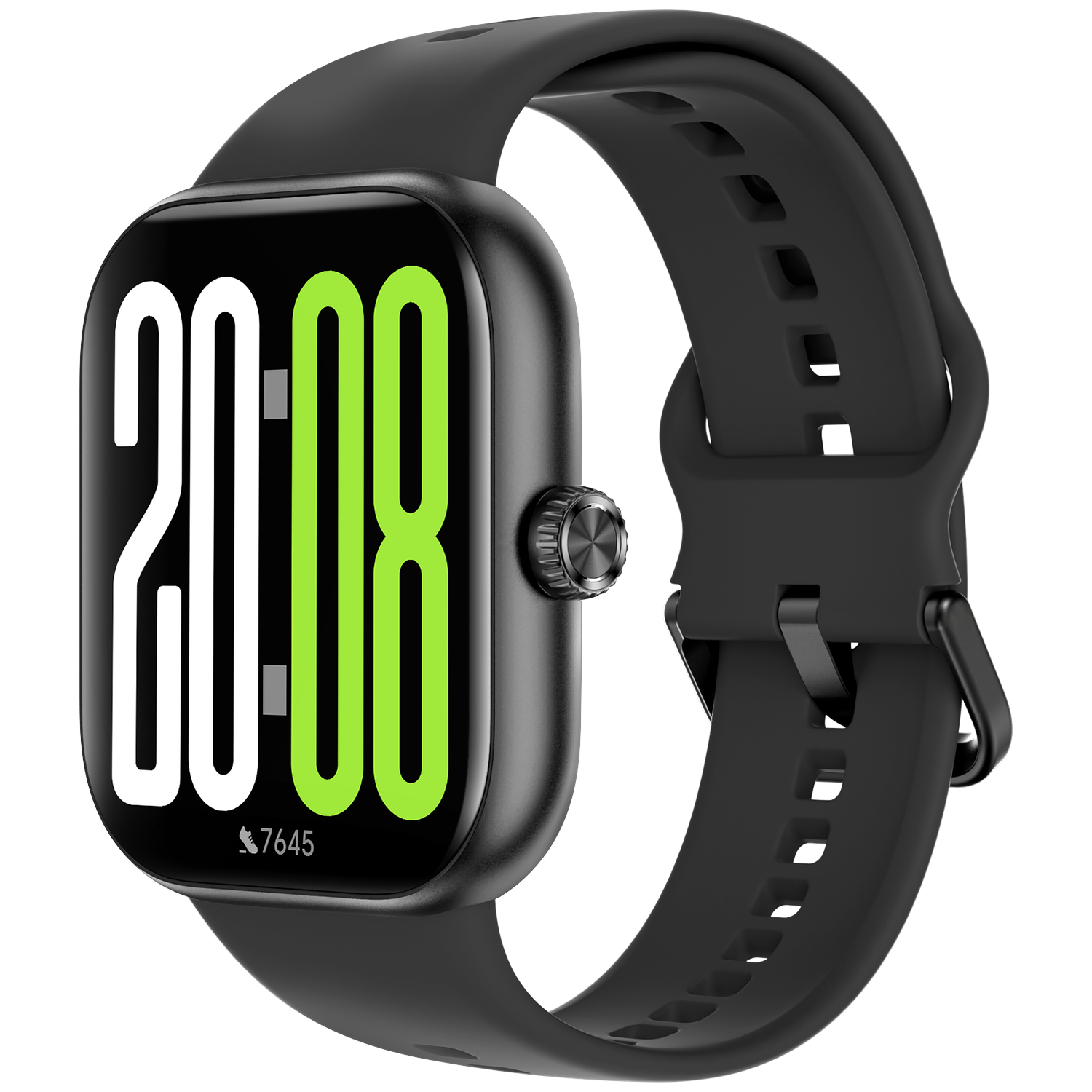 Zwarte smartwatch met digitaal display 20:08 en stappenteller.