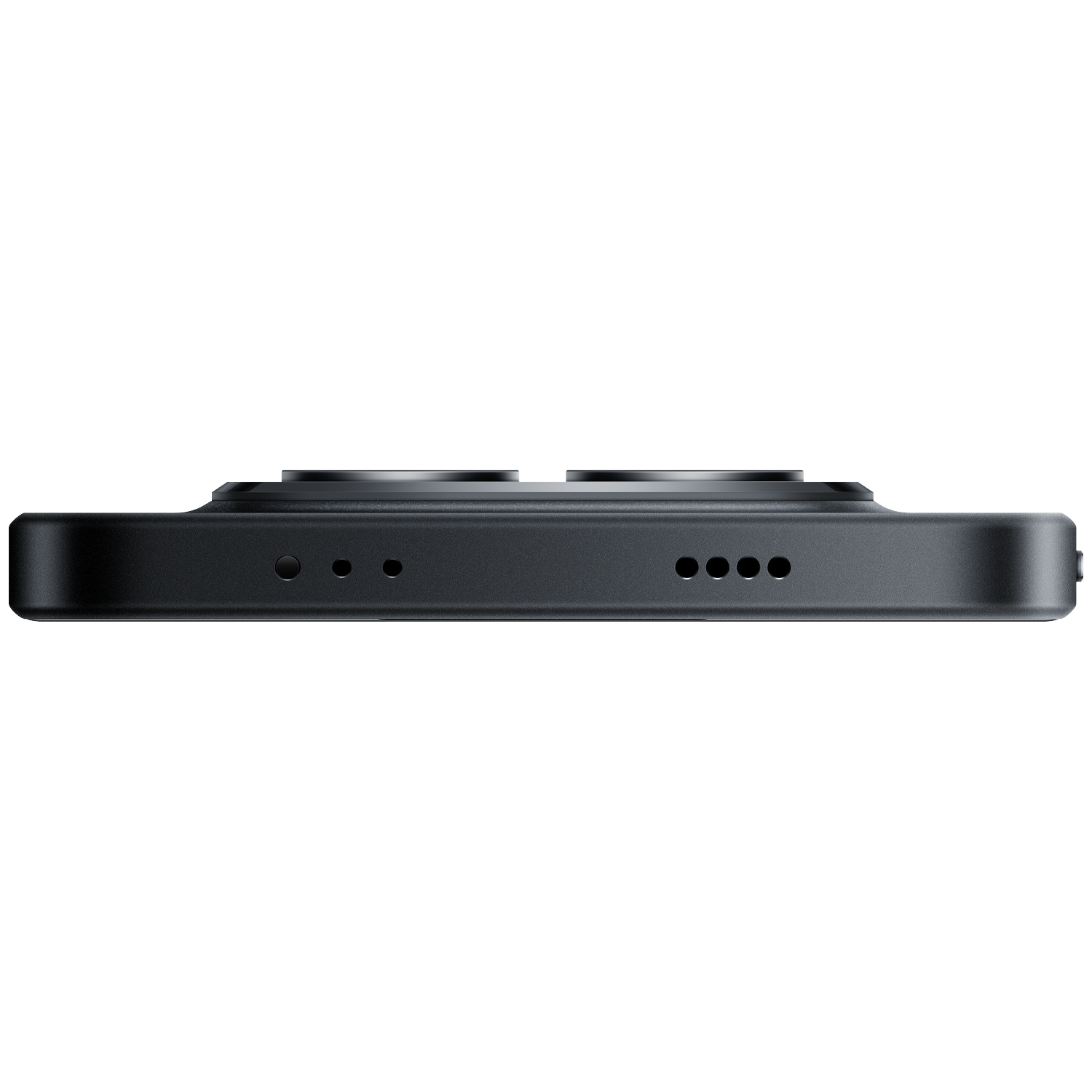 Close-up of a black smartphone's side, showing speaker grilles and buttons.