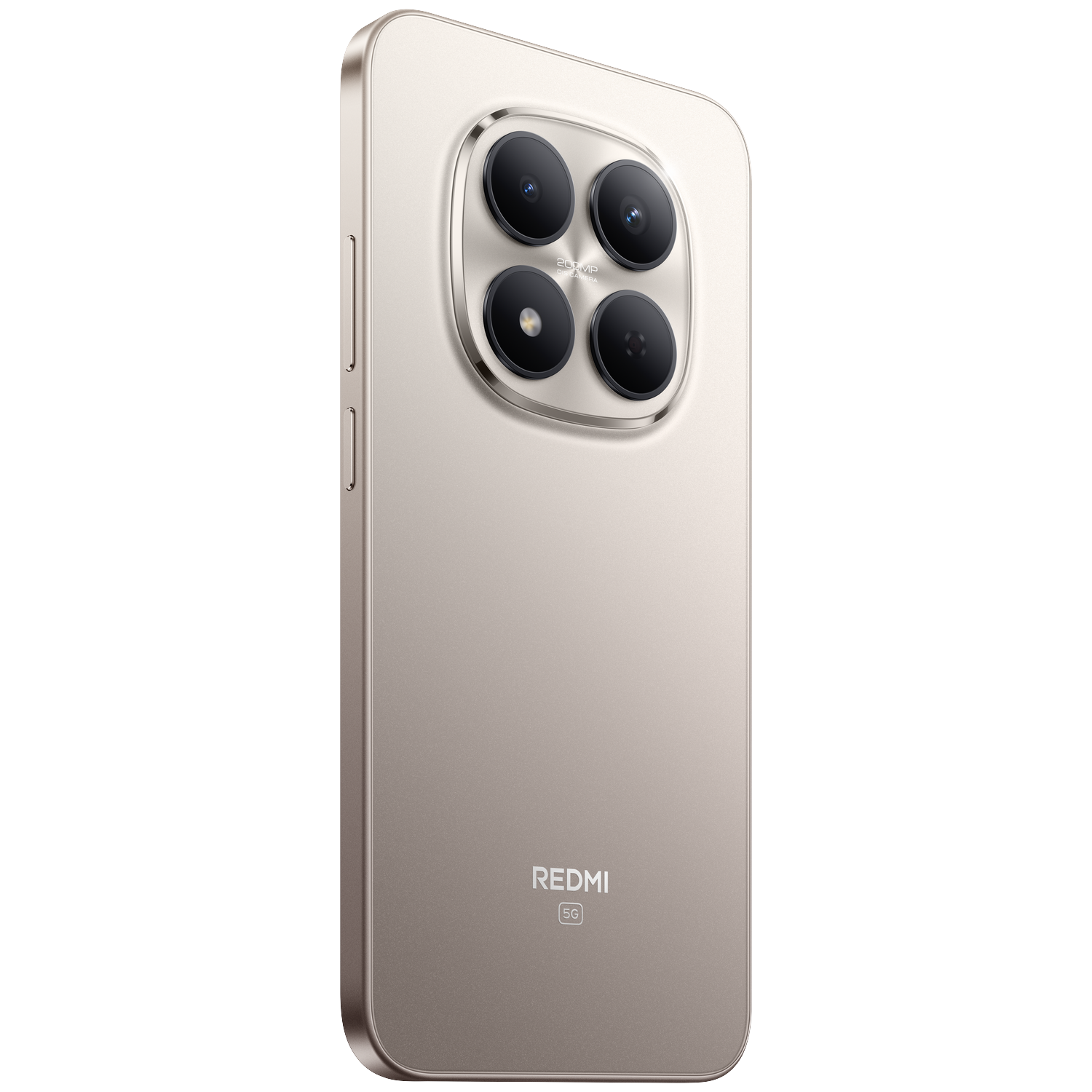 Achterkant van een lichtbruine smartphone met vier camera's en Redmi 5G-logo.
