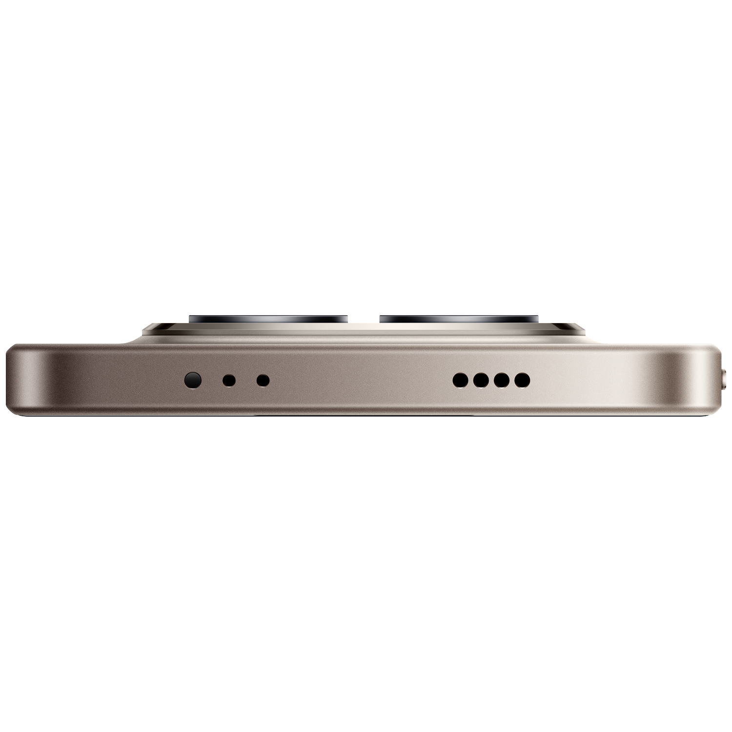 Close-up van een bronzen smartphone liggend op zijn zijkant, met poorten.