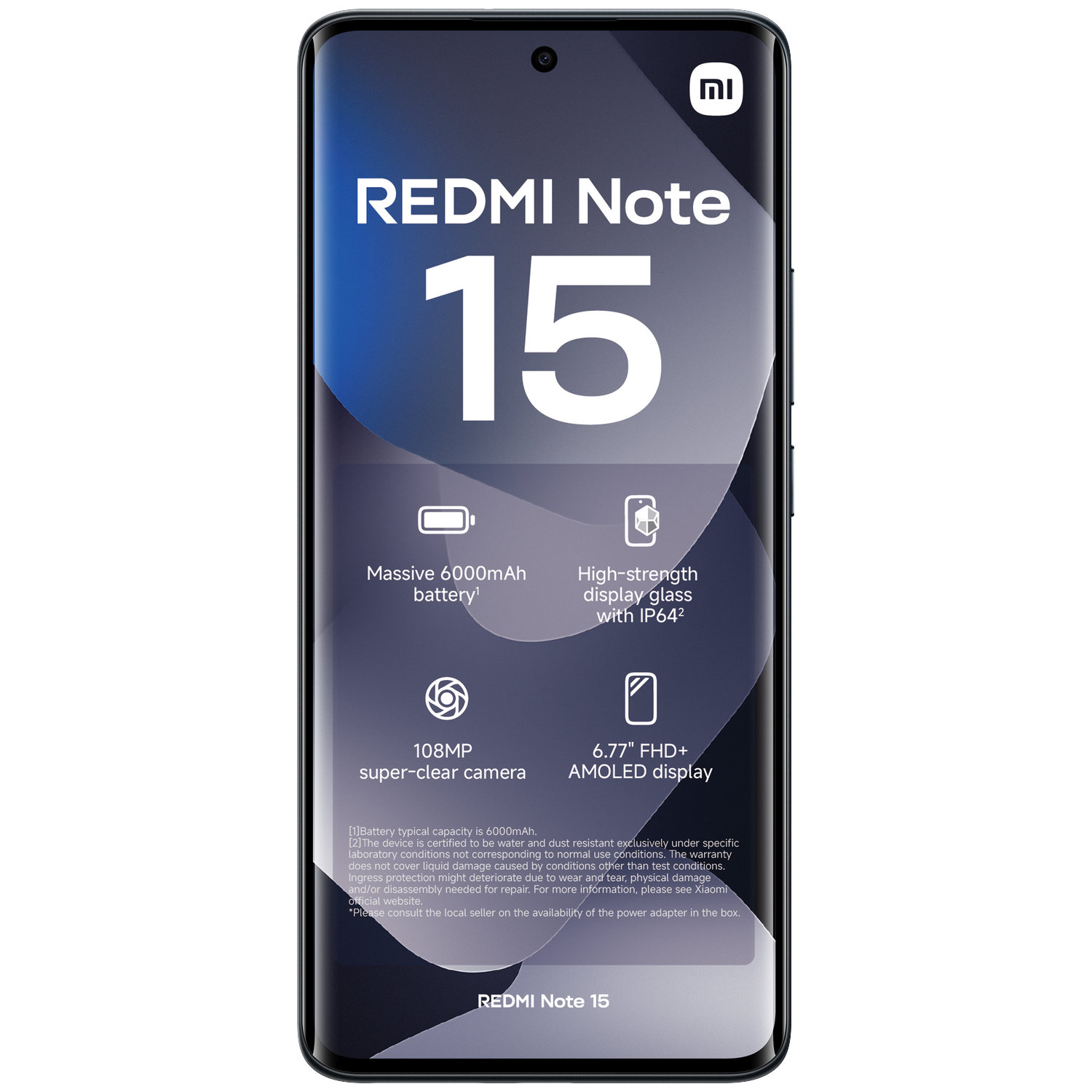 Redmi Note 15 phone with 6000mAh battery, 108MP camera, 6.77" AMOLED display.