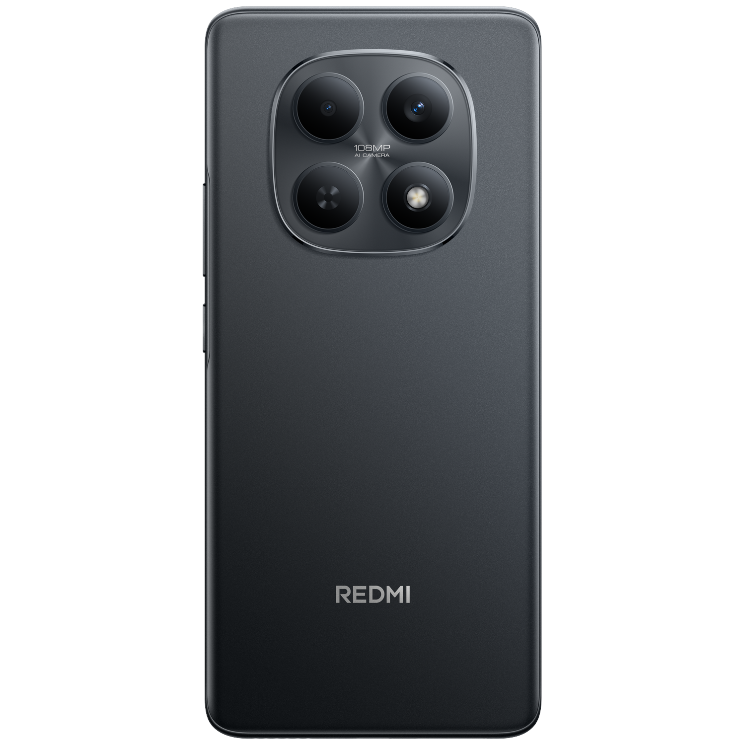 Dark gray smartphone with a four-camera setup and Redmi logo on the back.