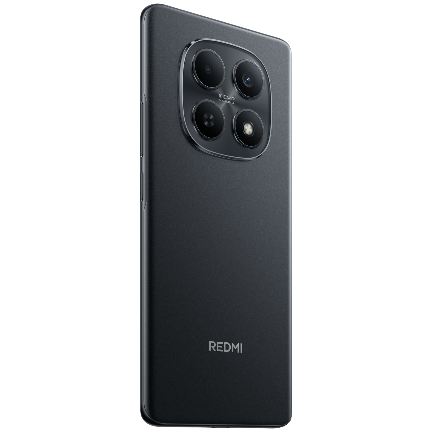 Dark gray smartphone with a quad camera and Redmi logo.
