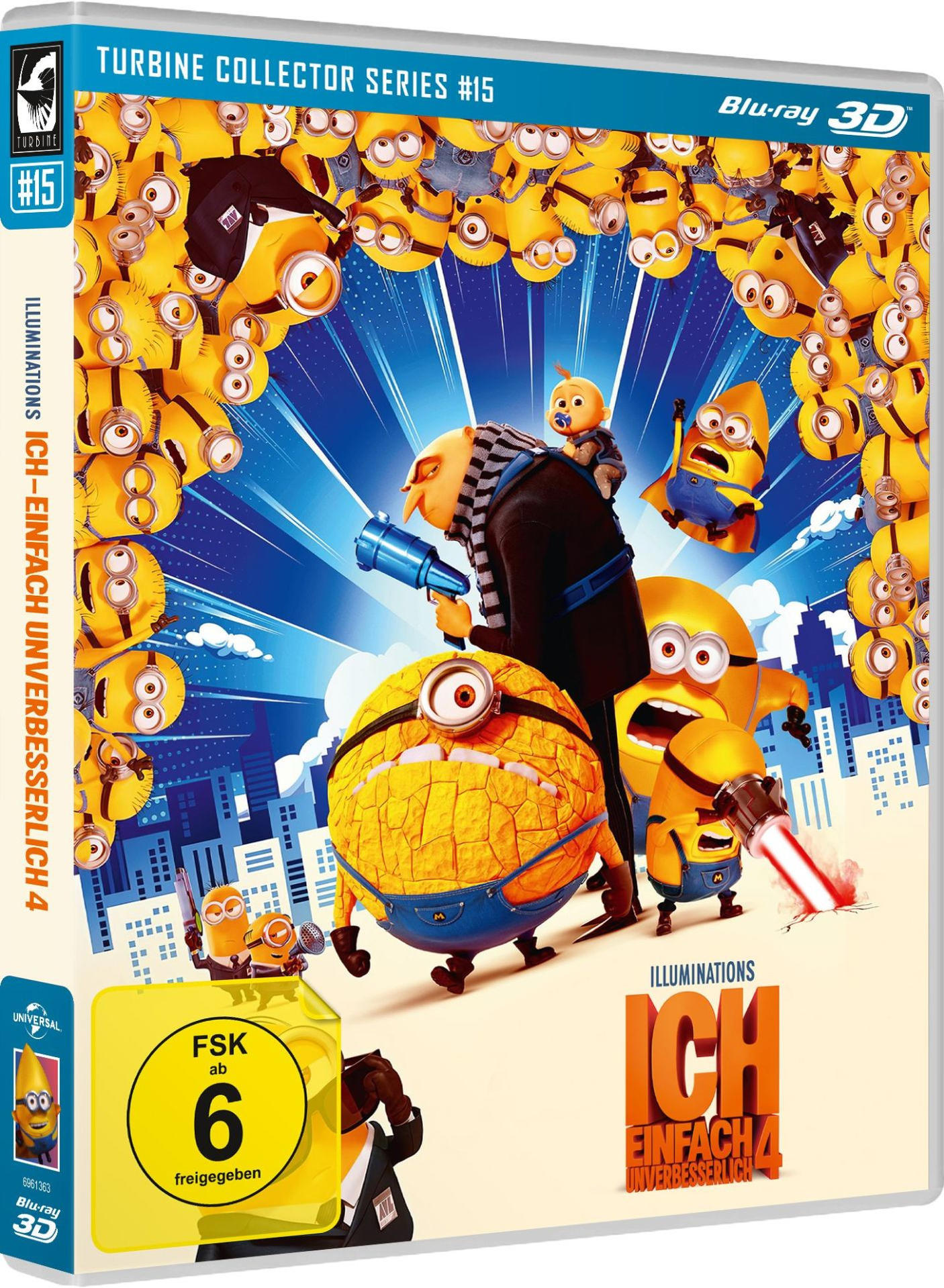 Gru und viele Minions auf einem Blu-ray Cover, ein Minion feuert einen roten Laserstrahl ab.