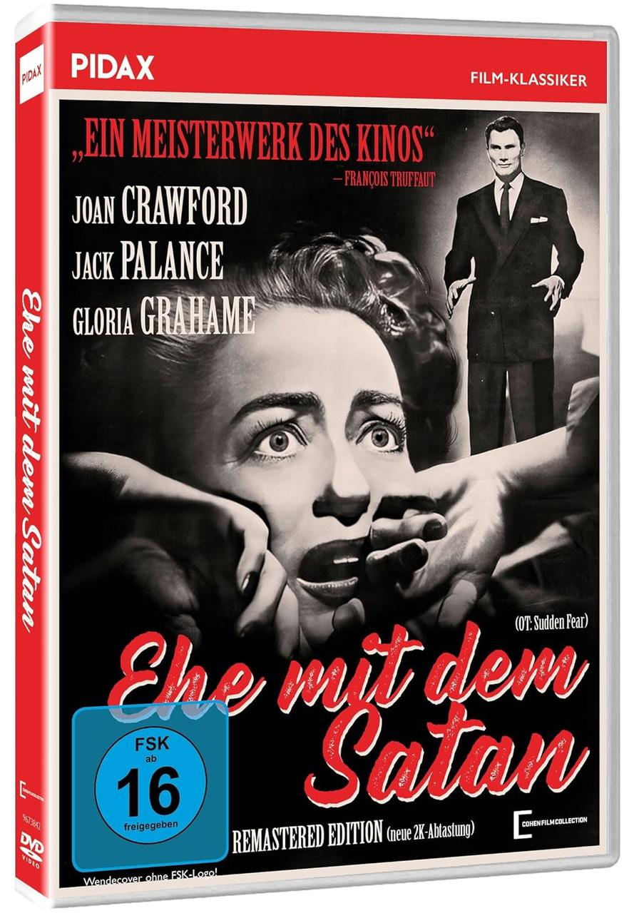 Filmplakat: Frau mit erschrockenem Gesicht, Mann im Anzug. Titel: Ehe mit dem Satan.