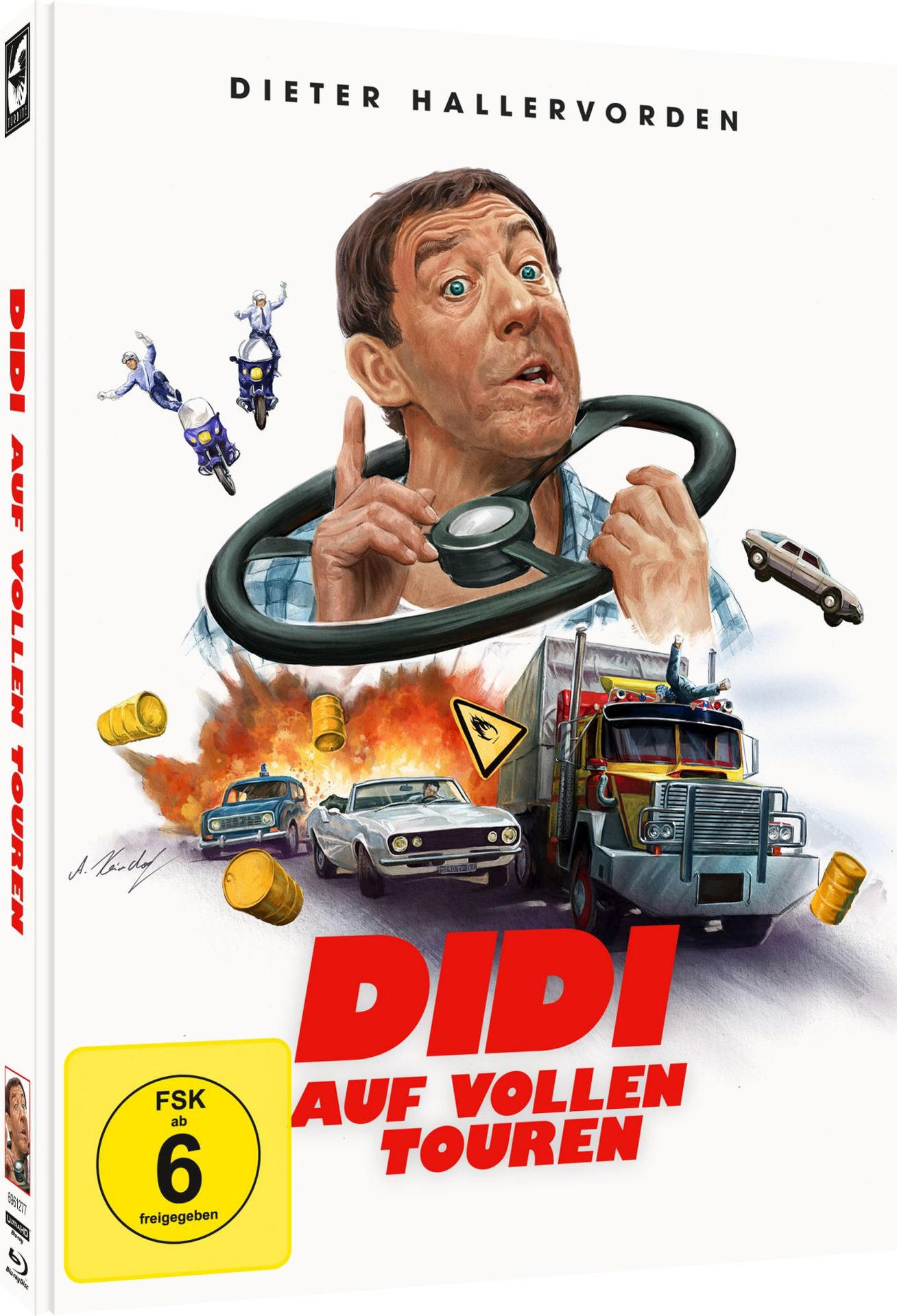 Ein Mann hält ein Lenkrad, Autos und Fässer fliegen durch die Luft.