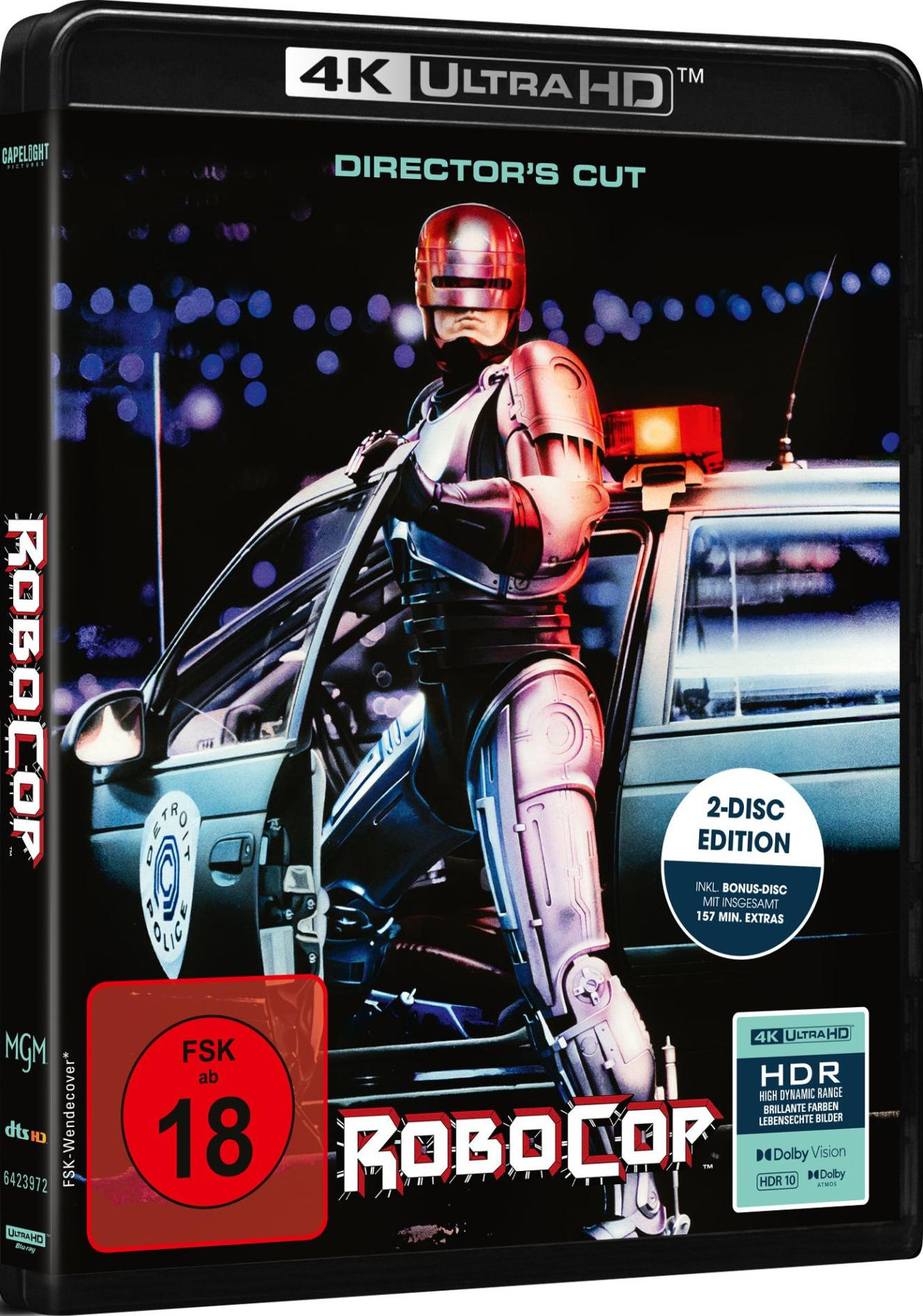 RoboCop steht neben einem Polizeiauto, 4K Ultra HD Blu-ray Cover.