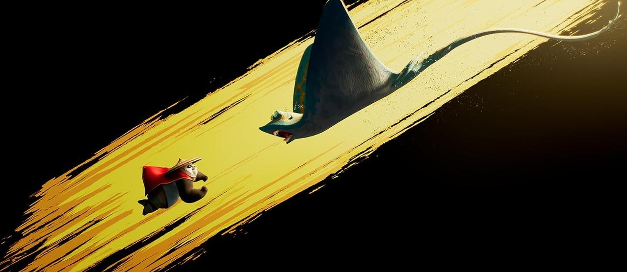Ein Panda in rotem Umhang und Hut fliegt auf einem gelben Hintergrund vor einem Mantarochen.