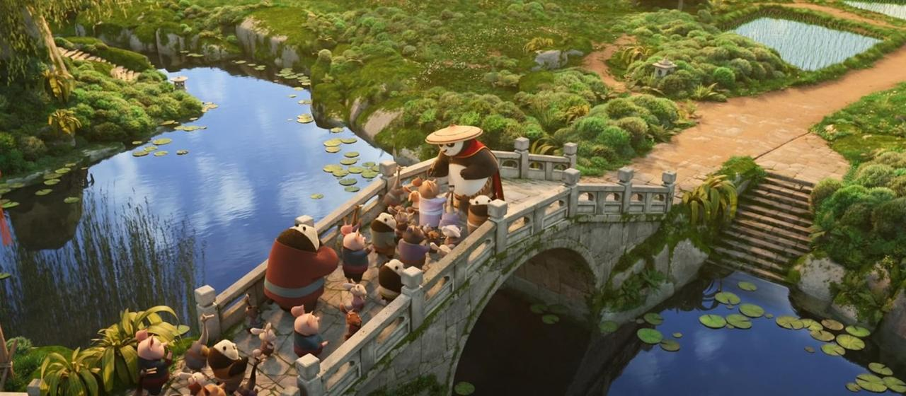 Ein Panda mit Hut steht auf einer Brücke, umgeben von vielen kleinen Tieren.