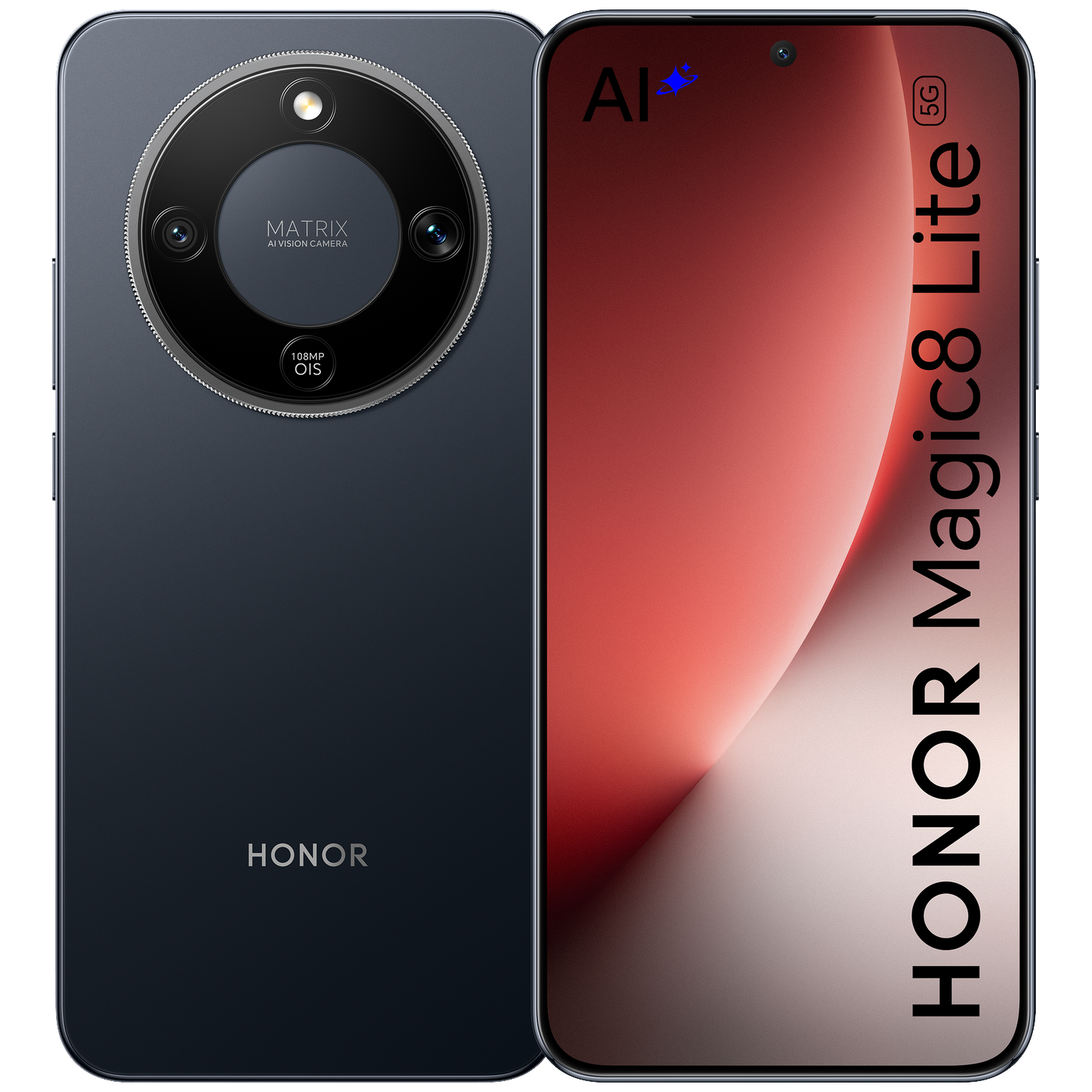 Un smartphone Honor Magic 8 Lite sombre avec trois caméras et vision IA.