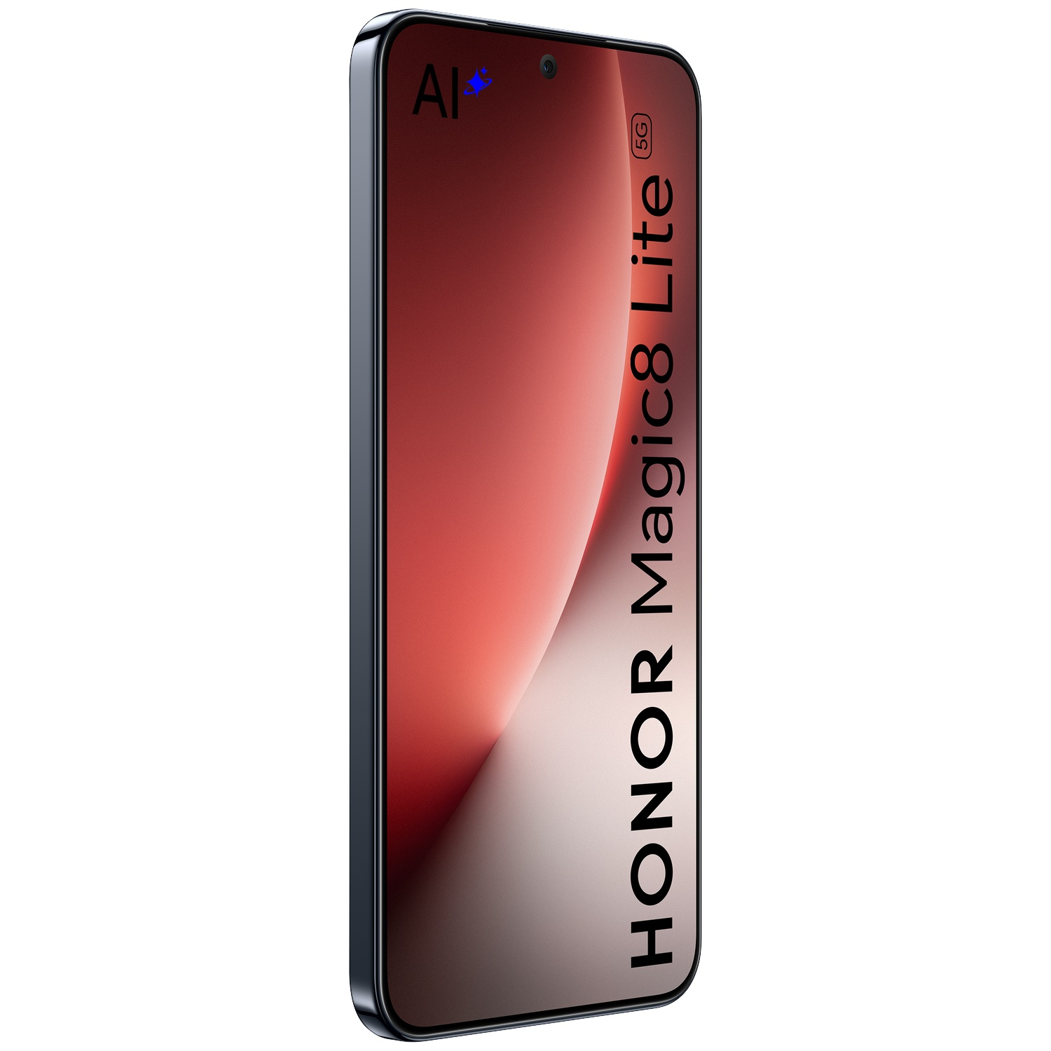Téléphone noir HONOR Magic8 Lite 5G avec logo AI et écran dégradé rouge.