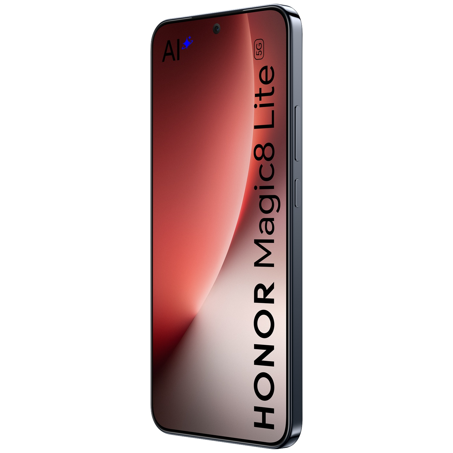 Smartphone Honor Magic8 Lite 5G bleu foncé avec un dégradé rouge sur l'écran.