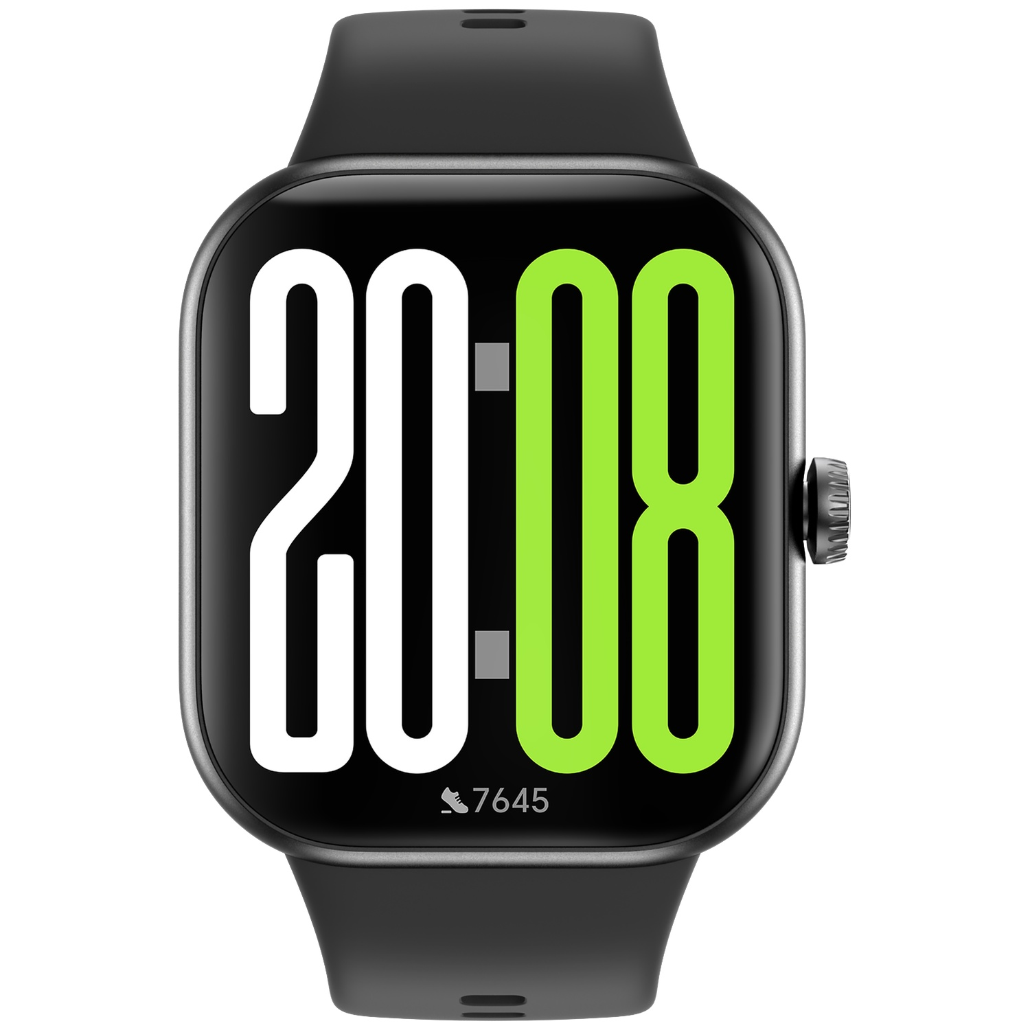 Montre connectée noire affichant 20:08 et 7645 pas.