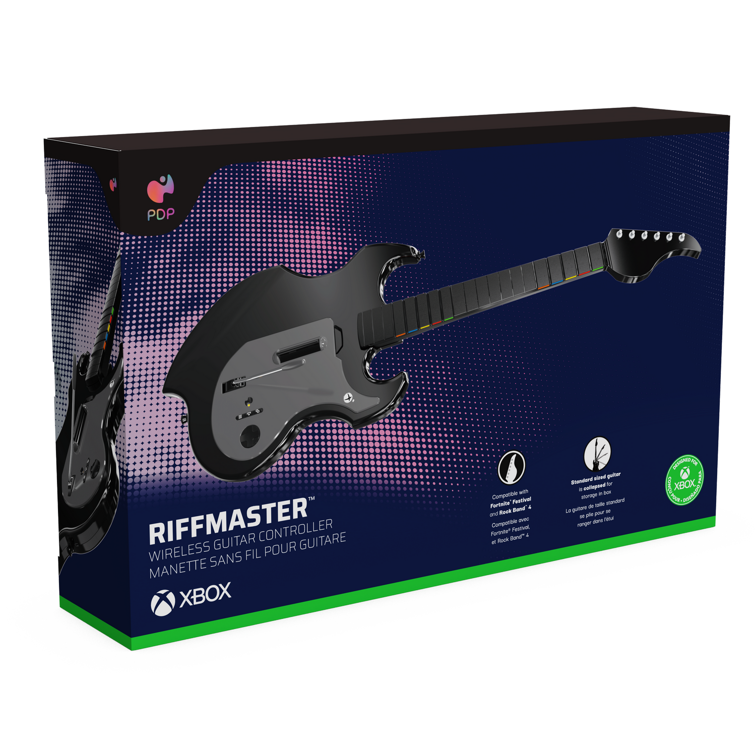 Guitarra PDP Riffmaster negra con logo de Xbox en caja oscura.