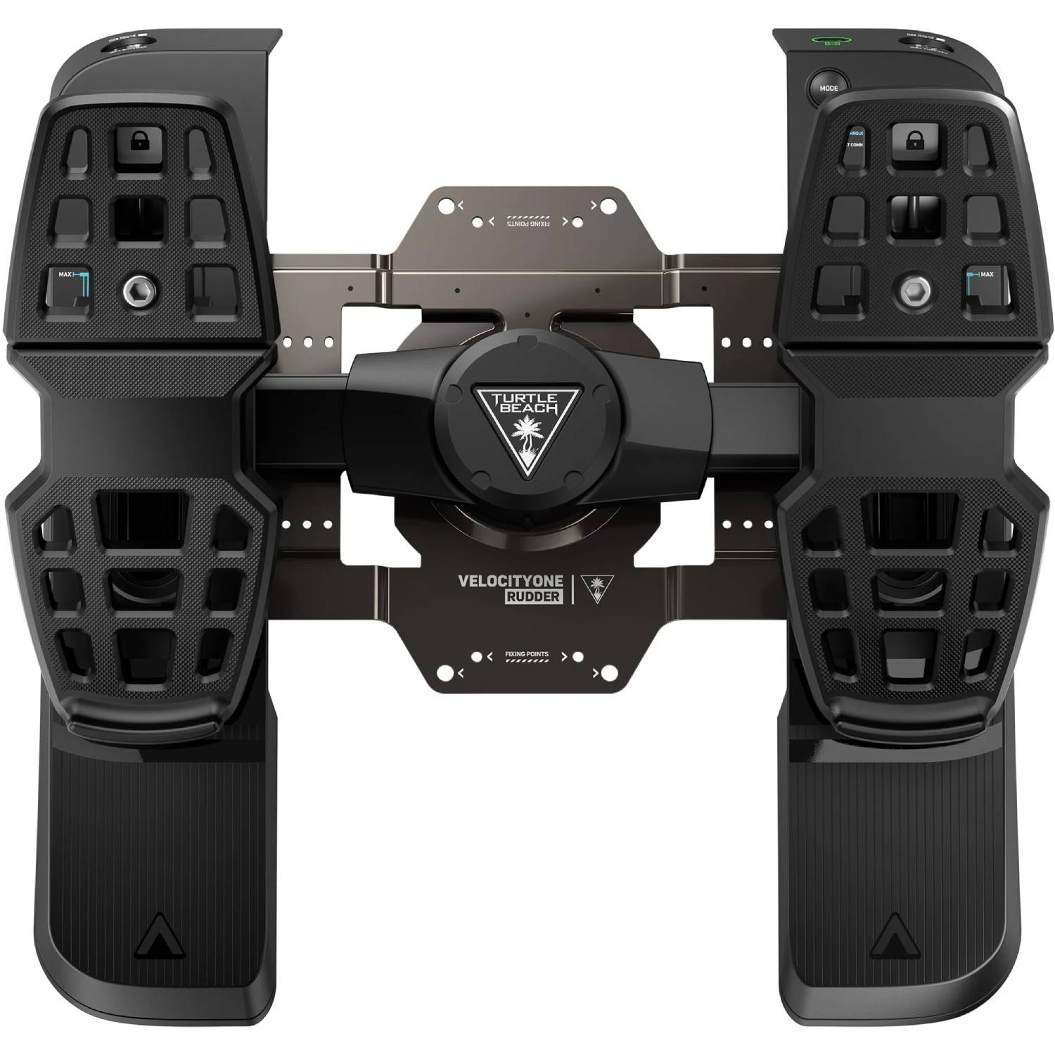 Pedales de timón de simulador de vuelo negros con logo Turtle Beach y botones.