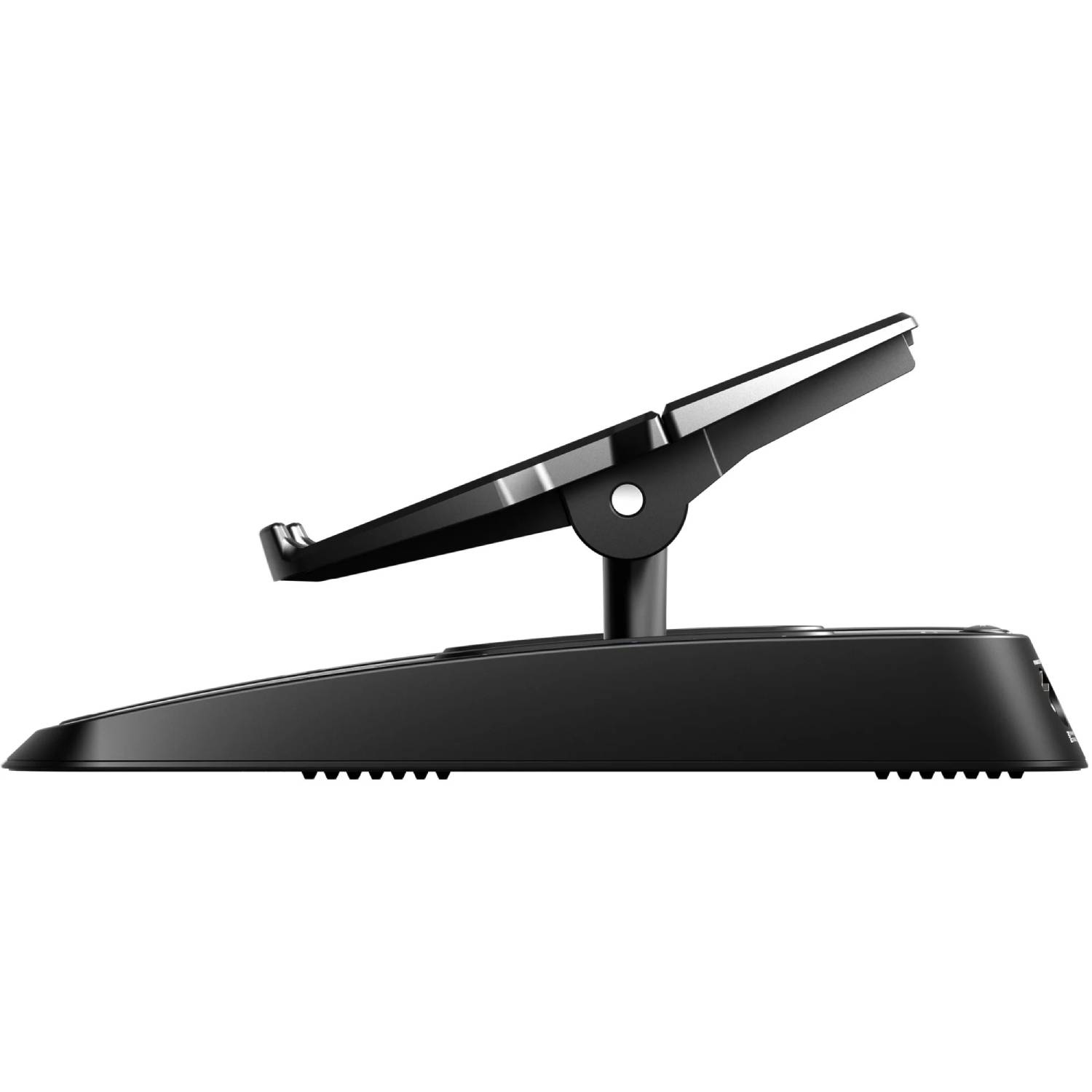 Un soporte negro ajustable para tableta con base plana y brazo giratorio.