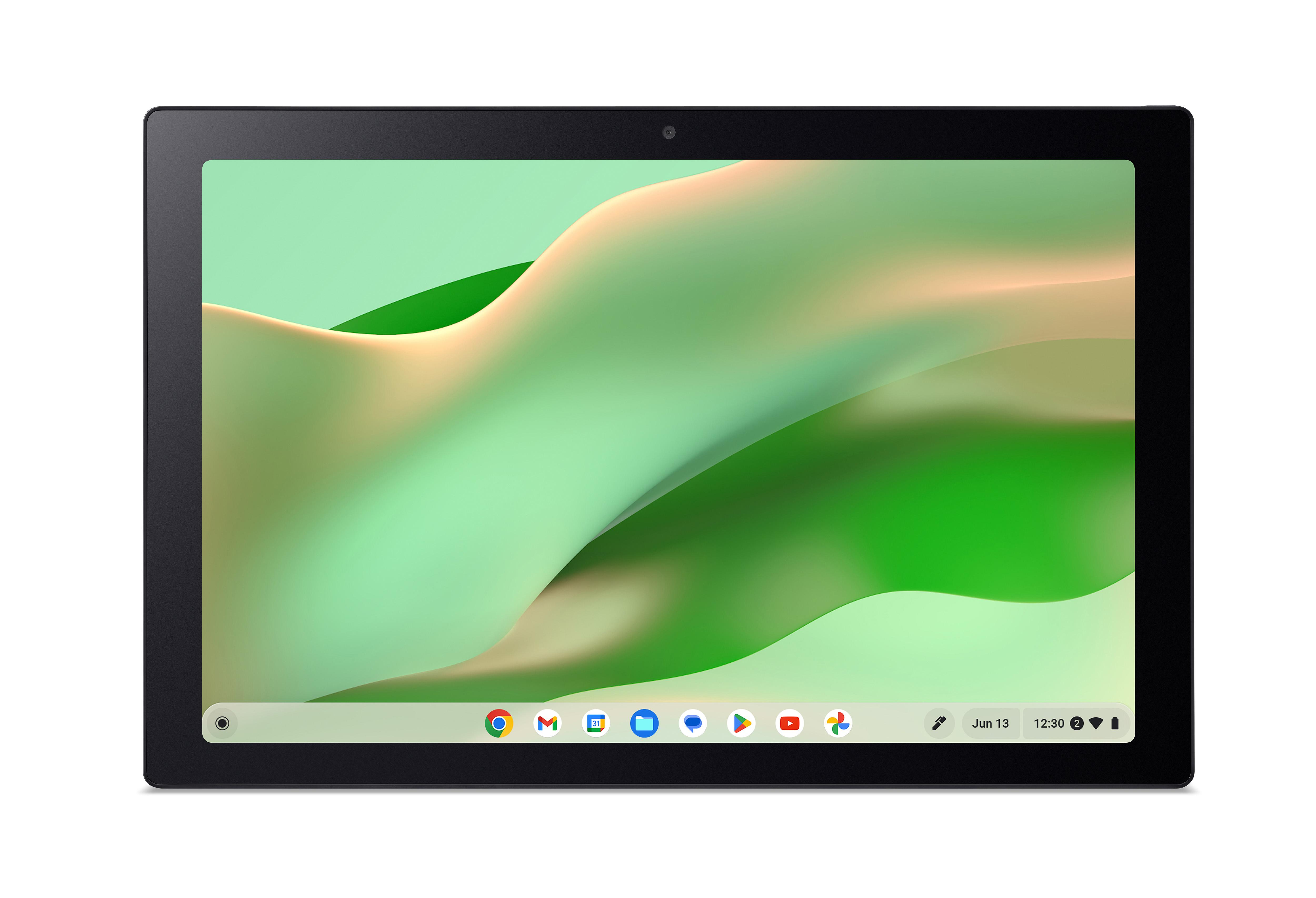 Ein Tablet mit einem grünen und hellbeigen Hintergrundbild und einer Taskleiste mit App-Symbolen.