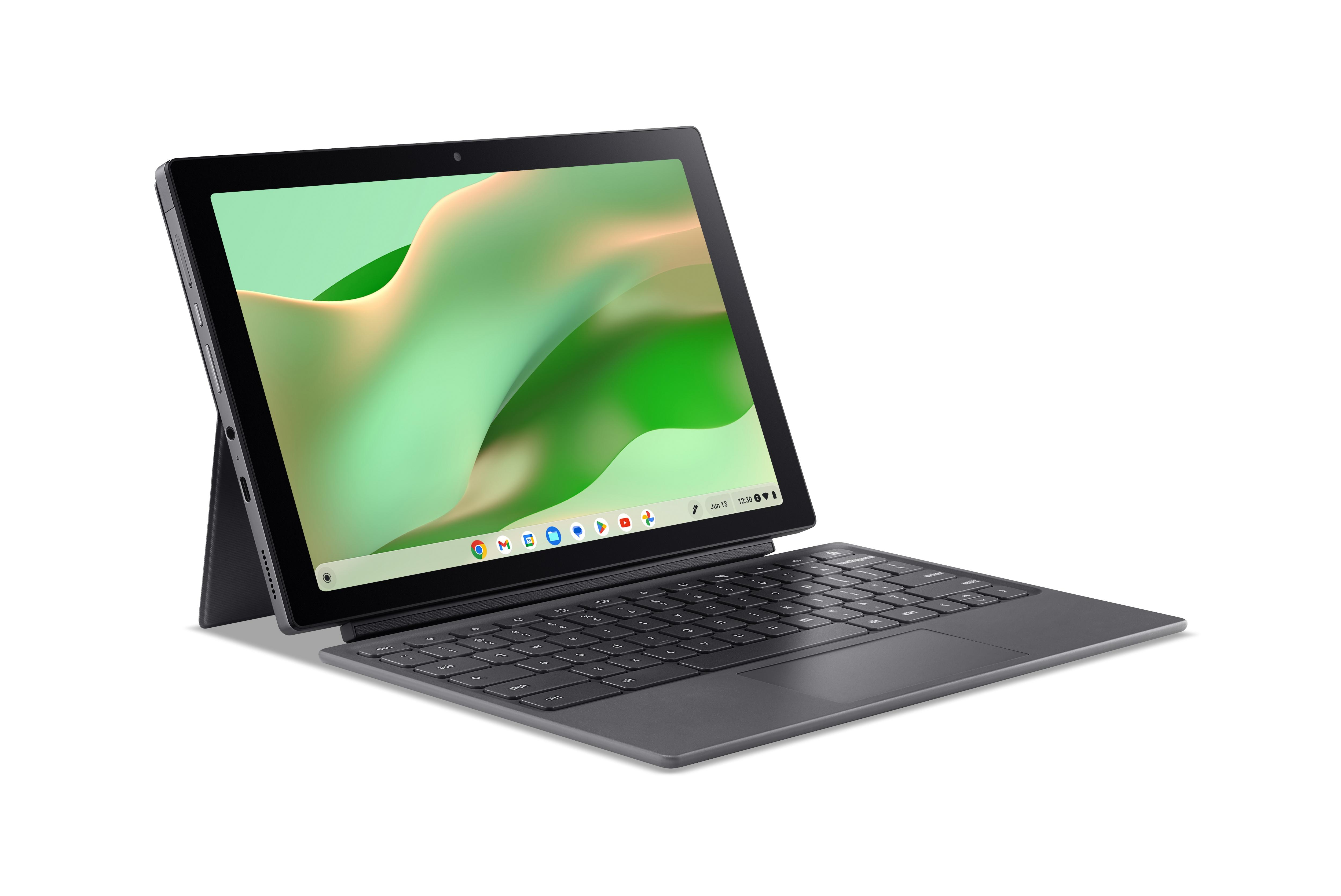 Ein graues Chromebook mit abnehmbarer Tastatur steht auf weißem Hintergrund.