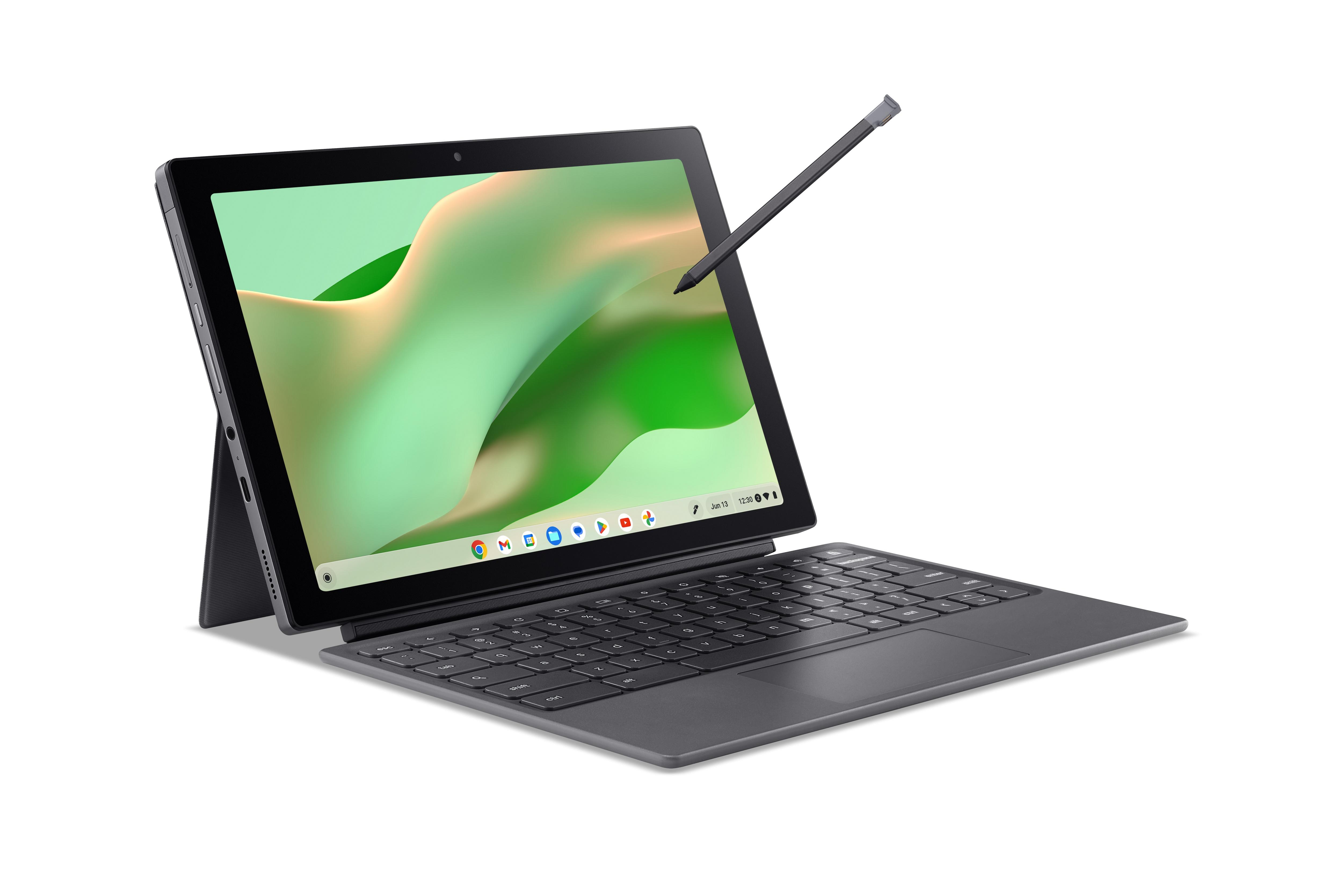 Ein graues 2-in-1-Chromebook mit abnehmbarer Tastatur und Stift.